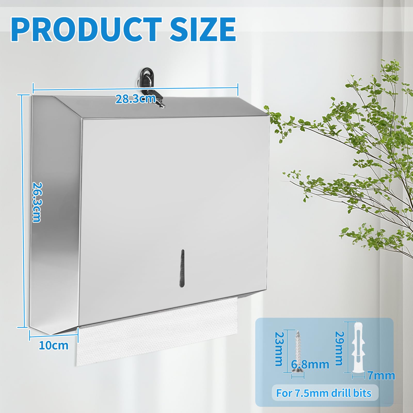 DBREAKS Dispensers di asciugamani di carta in acciaio inox, 28,3 x 26,3 x 10 cm, per parete, richiudibili, per 250-400 asciugamani