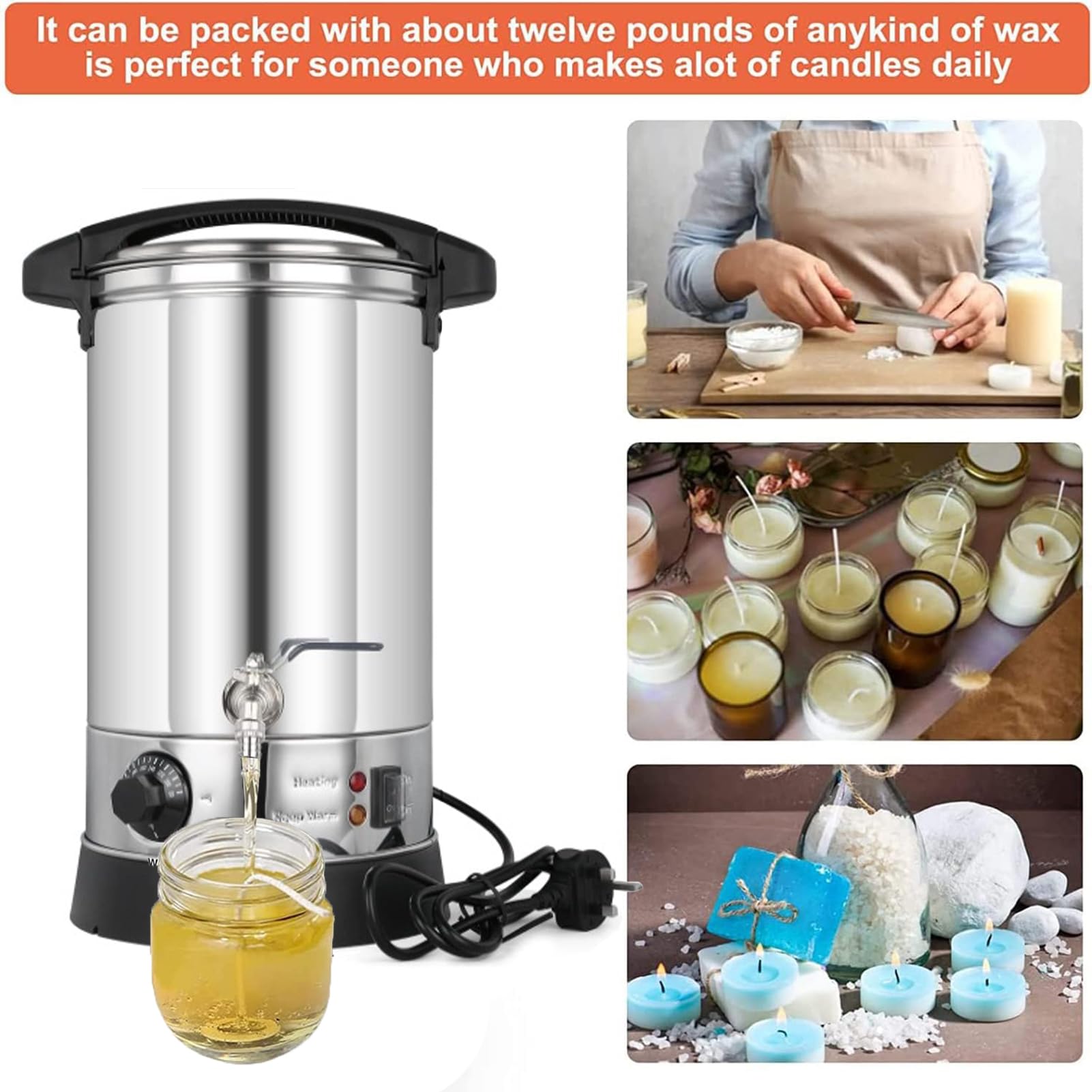 Elektryczny topiacz do wosku do produkcji świec, 8 l/10 l/12 l/15 l/25 l/35 l/45 l, garnek do topienia wosku z wylewką i regulacją temperatury 30–110 °C, zbiornik do topienia wosku sojowego, do