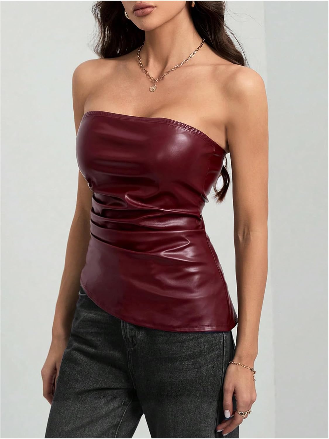 Milumia Women's PU Faux Leather Ruched Tube Top Strapless Asymmetrical Hem Crop Going Out Tops - Image 5