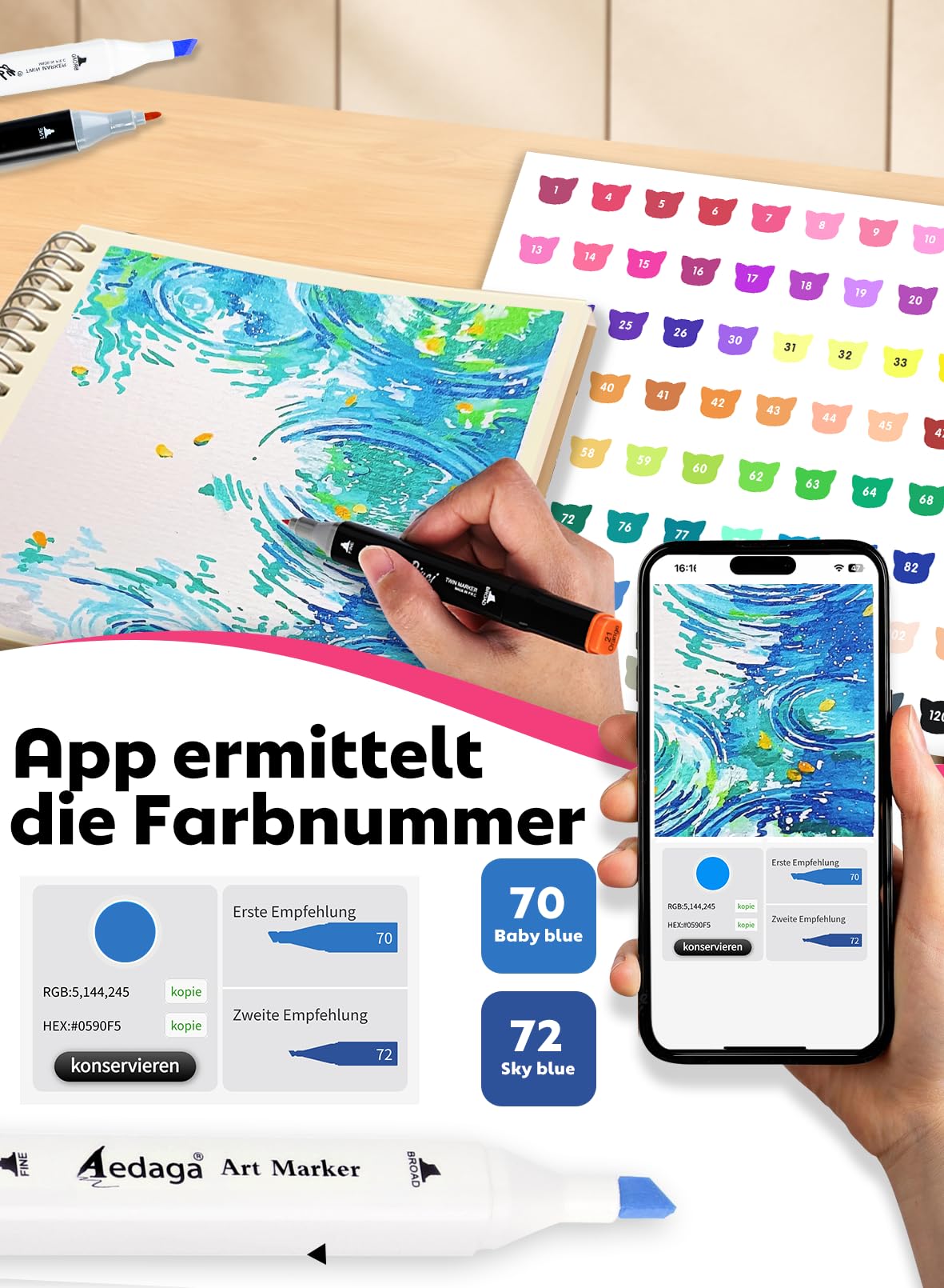 280 Farben Alkohol Marker mit App, Doppelspitze Alkohol Stifte | Ständer-Etui | Mischbar | Farbcode | Ungiftig | Alcohol Marker für Malen, Skizzieren, Zeichnen, Illustrationen, Manga