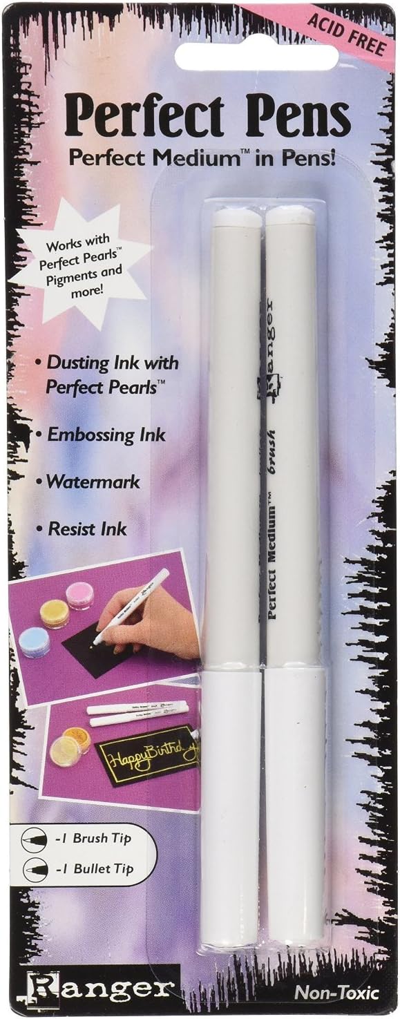 Bundle - 3 Items: Ranger Perfect Pens Set, 2-Pack - Clear, Ranger 16205-NB Perfect Medium Stamp Pad, Clear, 3 by 3-Inch, Ranger PPP-INK-16212 Perfect Medium Reinker, Clear, 1/2-Ounce