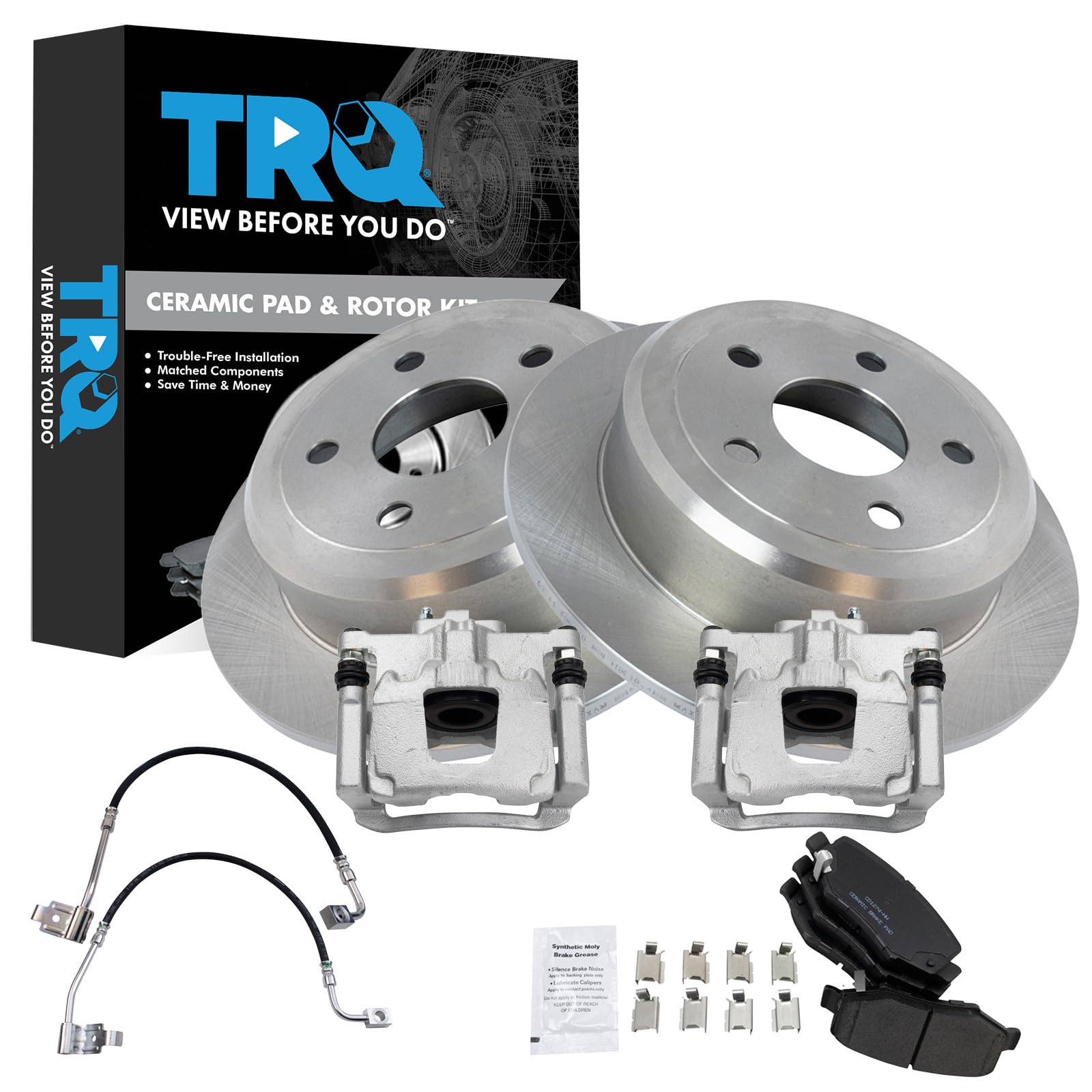 TRQ Rear Brake Pad &amp; Rotor Kit Ceramic Compatible with 2007-2013 Jeep Wrangler