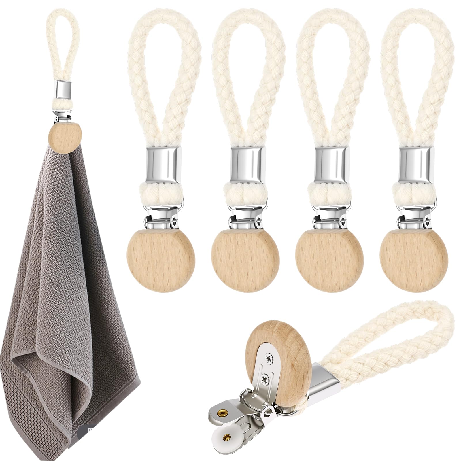 5Pcs Household Hanging Tea Towel Clips, Hand Towel Hanger Clip, Bathroom Towels Storage Clip, Multi Purpose Cotton Rope Towels Holder, with Braided Cotton Loop for Home Decoration