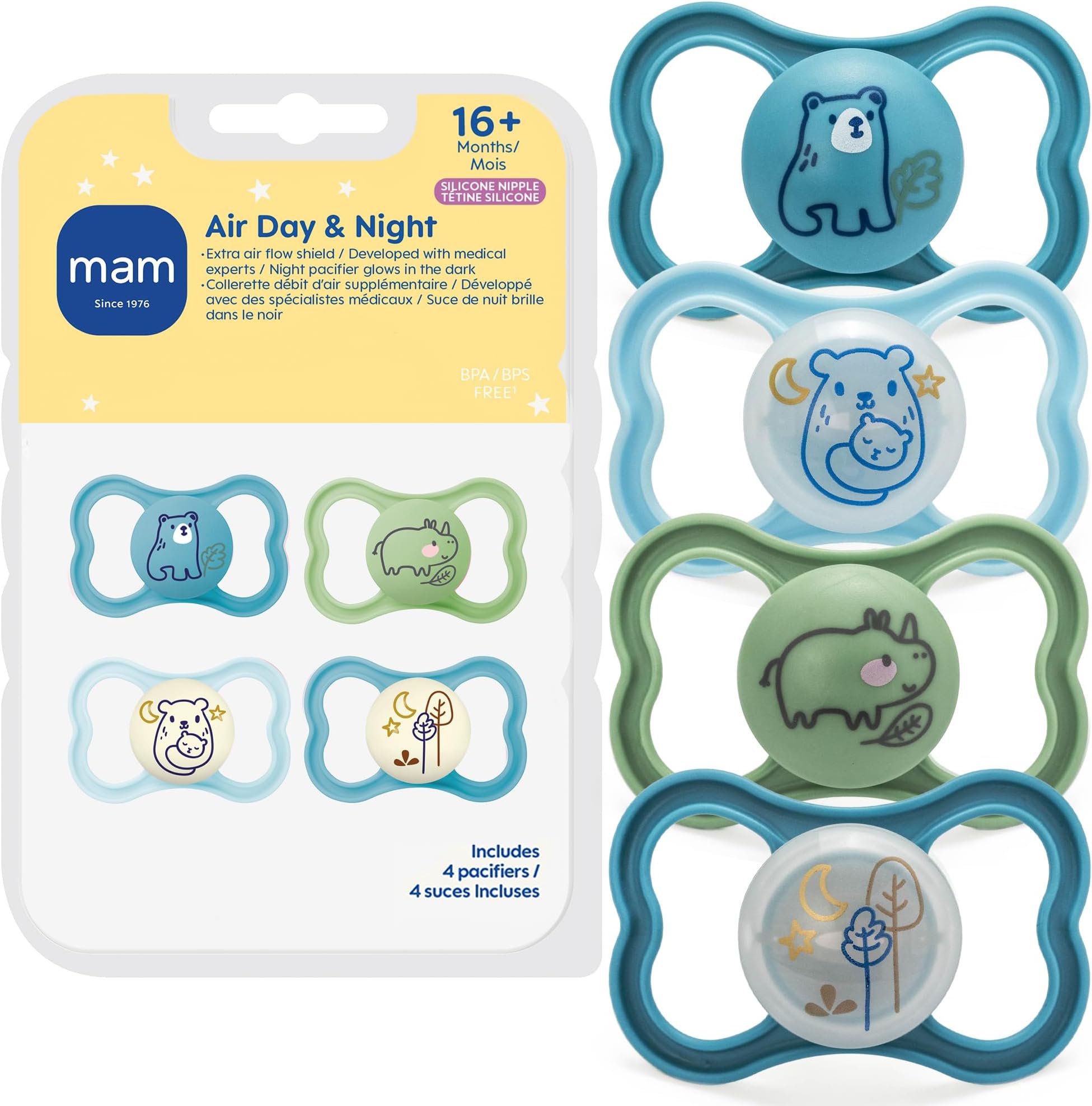 Air Pacifier for Babies 16+ Months, Extra Air Flow for Sensitive Skin, Glows in The Dark, Developed with Medical Experts, BPA-Free Skin Soft Silicone, 4 Count, Made in Europe