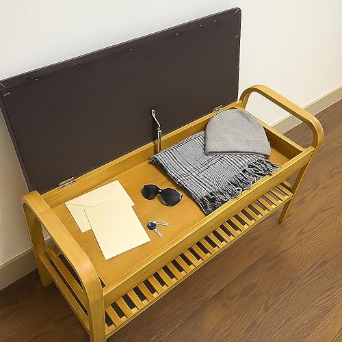 Miniatura 7 de Proman Products Cambridge - Banco de zapatos de bambú con almacenamiento de zapatos y cojines, natural