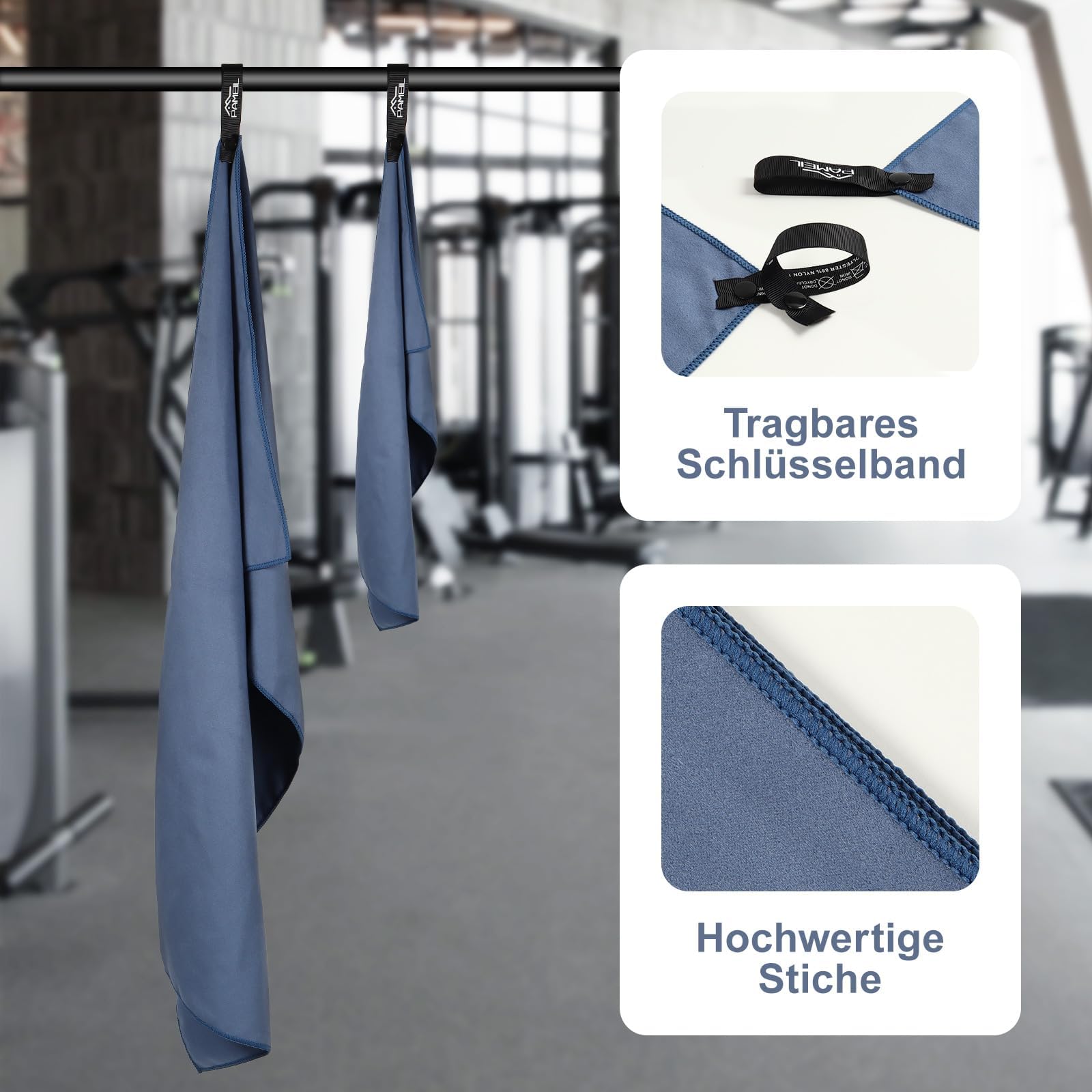 Pameil Zestaw 2 ręczników z mikrofibry, z kieszenią na zamek błyskawiczny, do fitnessu (120 x 50 cm, duży ręcznik + 80 x 40 cm, małe ręczniki), bardzo chłonny i kompaktowy jako ręcznik plażowy