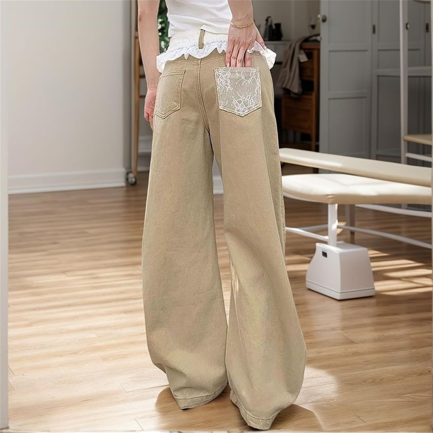 Women Y2K Boho High Waist Jeans Pants - Lace Trim Loose Wide Leg Lounge Baggy Gothic Style for Teacher and Dance