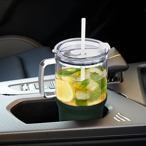 Miniatura 5 de Zenbo Vaso de vidrio con tapa y popote, taza de café helado de 32 onzas con asa, botellas de agua de vidrio con funda de silicona, taza de vidrio