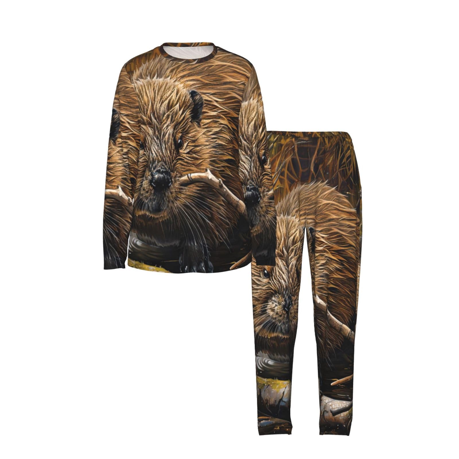 Beaver - Pigiama da donna a maniche lunghe con stampa di lavoro, morbido, per spiaggia, vacanze, abbigliamento da notte, regalo casual