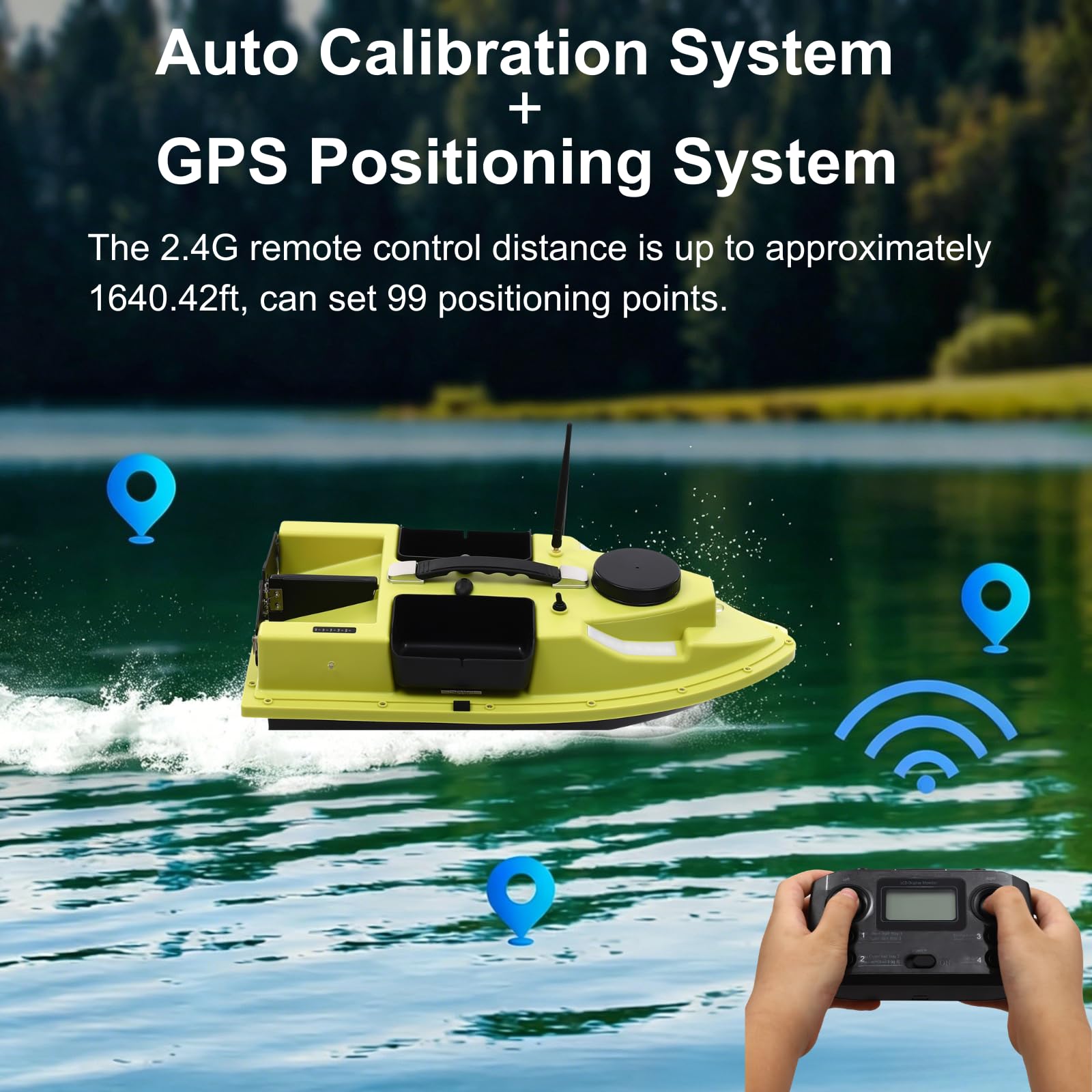 GPS. Barca per mangimi, 500 m, radiocomandata, Dual Motor Fish Finder con luce di navigazione e schermo LED per pesca, doppia struttura del cuscinetto, telecomando 2,4 G, giroscopio a sei