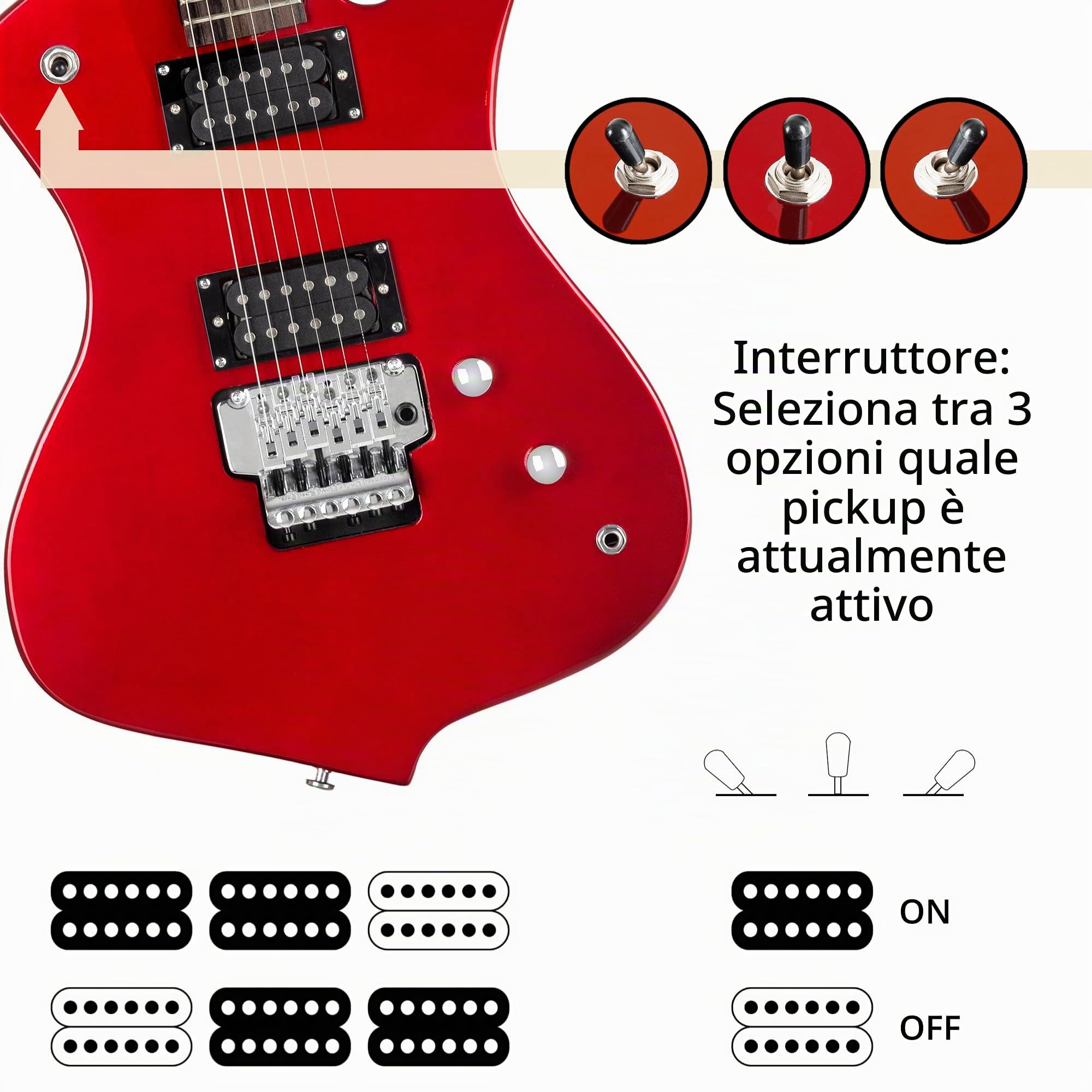 Rocktile Sidewinder E-Guitar, Modello: Sidewinder, Corpo: Tiglio, Scala: 25 | Manico: Acero avvitato, 2 Humbucker Pickup, 22 Tasti Medium Jumbo, 5" (648 mm), Tastiera: legno duro selezionato, Inlay: Dot
