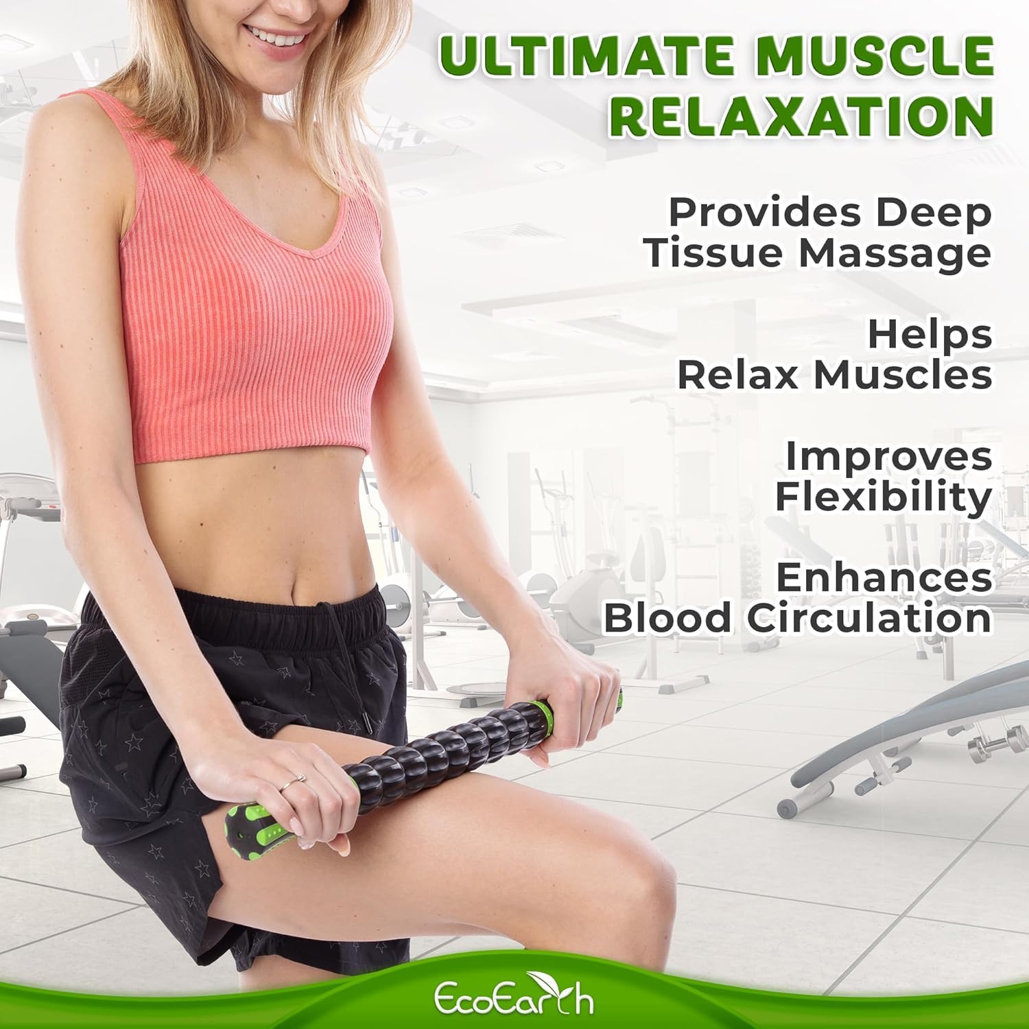 EcoEarth Muscle Roller Stick (43x4cm, 1 PK) - Lymphatic Drainage Massager for Arm, Shoulder, Back & Leg - Myofascial Release Trigger Point Fascia Massage Tool