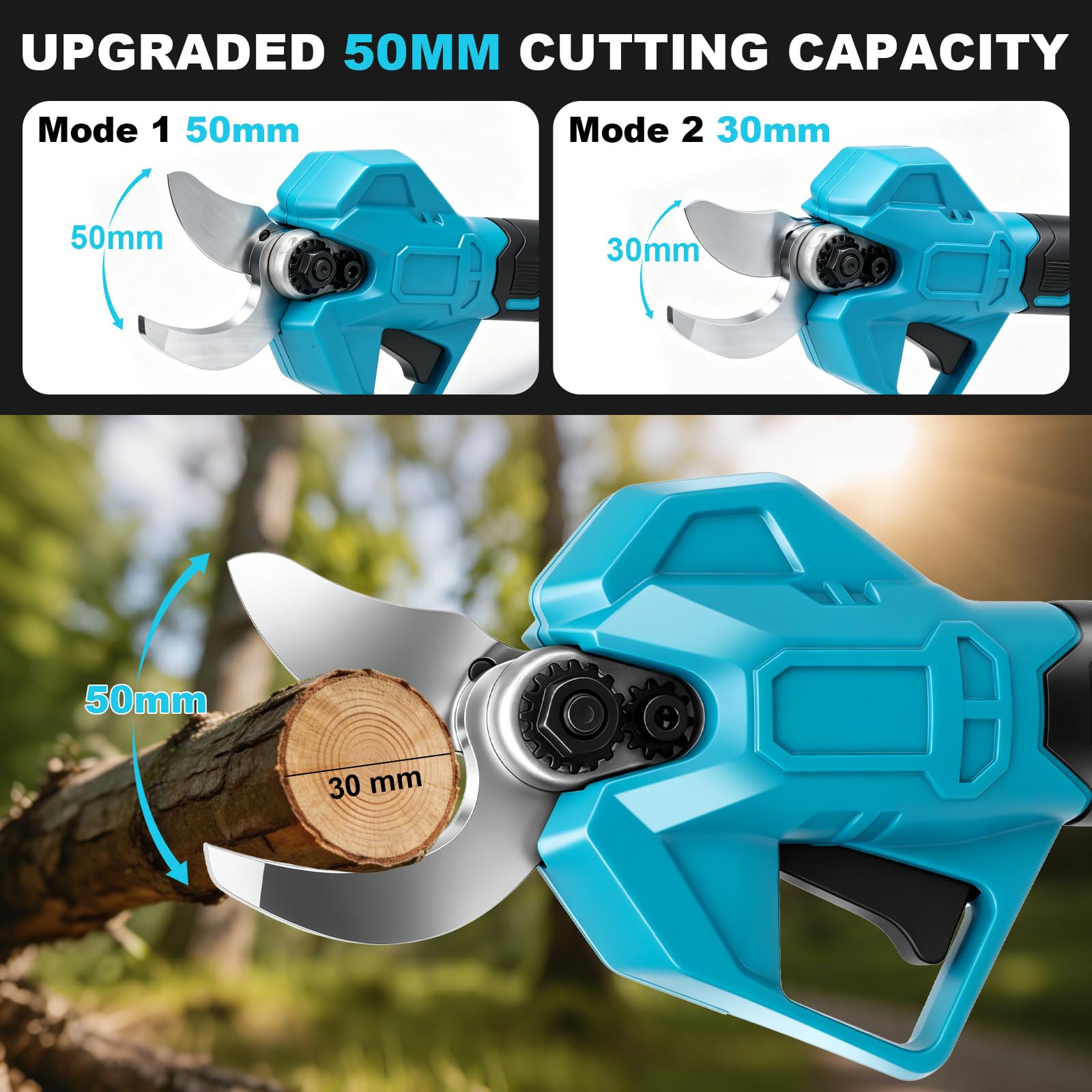 Akku Astschere 50mm mit 2x3000 mAh Batterien, Bürstenloser Elektrische Gartenschere Kompatibel mit Makita 18V, mit LCD-Anzeige und Ersatzklingen, Tragbare Baumschere für effizienten Schnitt