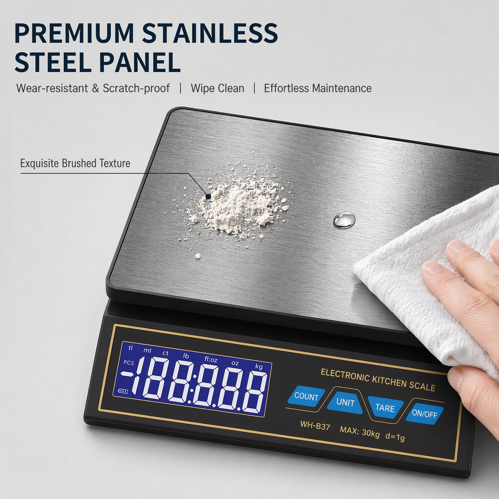 Balance de cuisine numérique 30 kg/0,1 g, précision en acier inoxydable avec comptage PCS et tare, 9 unités de mesure, arrêt automatique, USB-C rechargeable pour balance à café, viande, pâtisserie