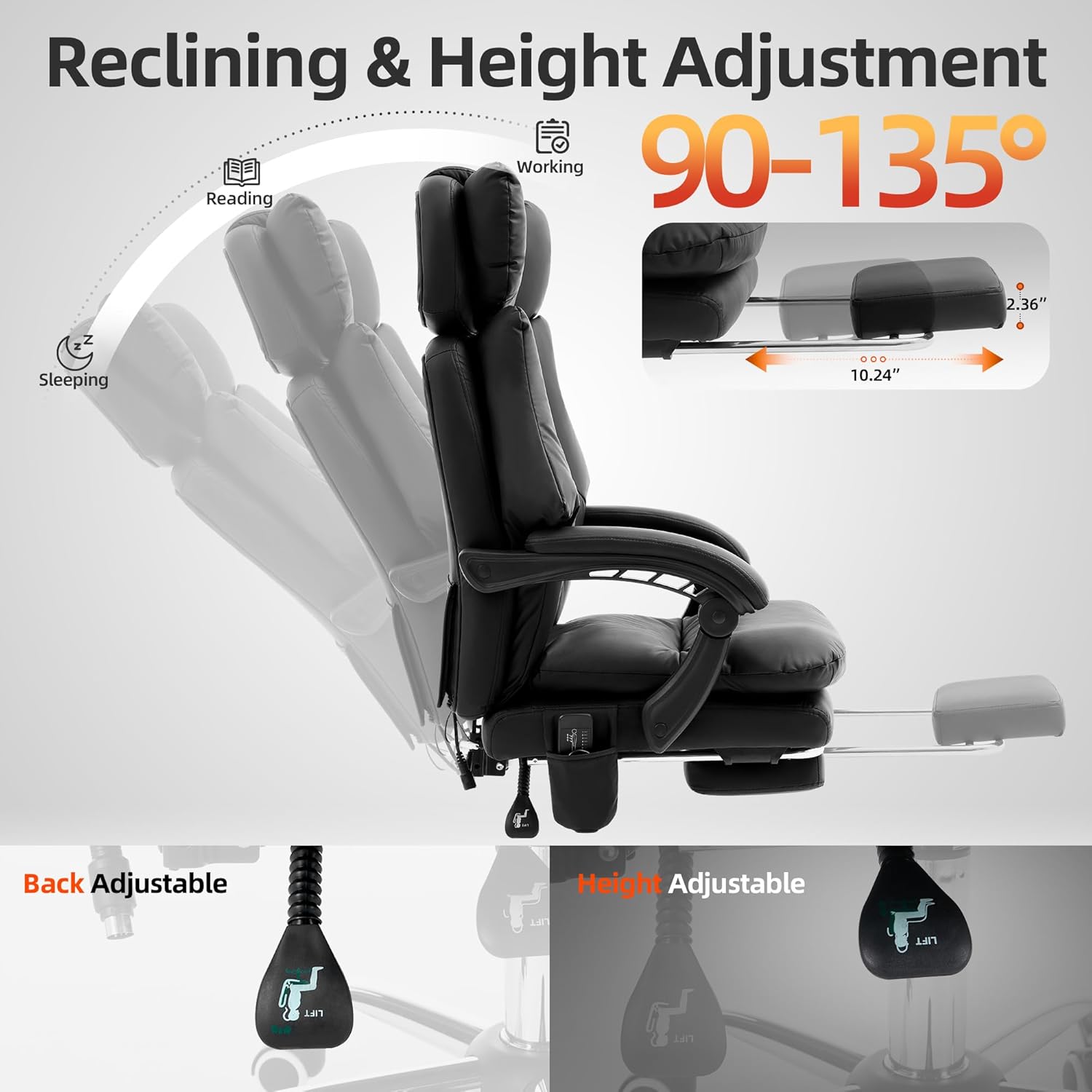 TonghuaS Massage Office Chair with Foot Rest 6 Points Vibration and Heating, 90-135° Reclining & Adjustable Headrest Desk Chair 400 lbs, Ergonomic Reclining Computer Gaming Leather Chair(Black)