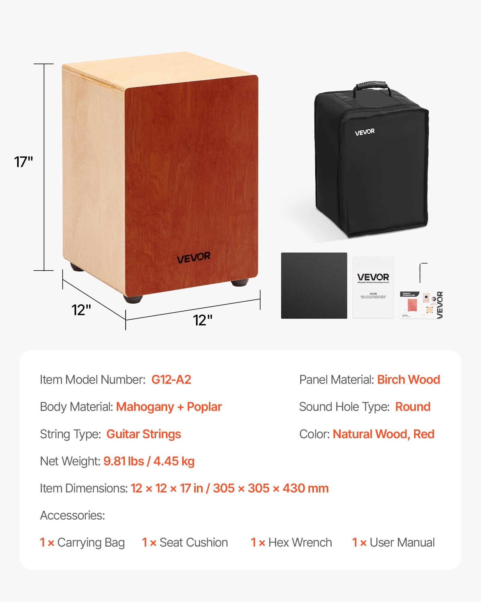 VEVOR Cajon Box Drum, Con Corde per Chitarra Interne, Scatola di Percussioni in Legno Leggera, Strumento Musicale Portatile in Legno di Betulla con Borsa da Viaggio, 30,5 x 30,5 x 43,2 cm