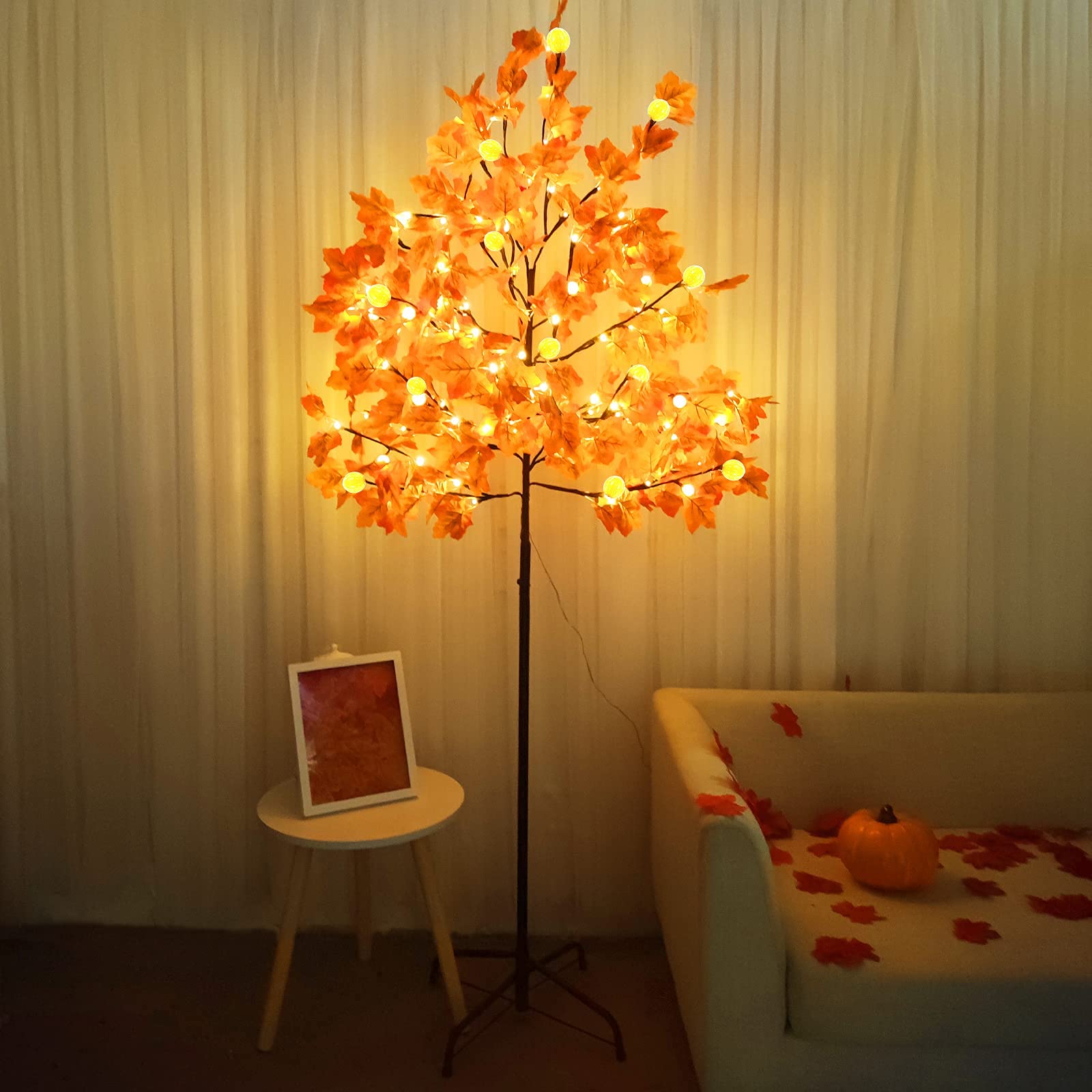 TURNMEON 6 Feet Fall Thanksgiving Decorations Lighted Maple Tree with 132Led Timer Lighted Pumpkin 8 Flashing Modes Remote Control Artificial Tree Harvest Fall Autumn Decor Indoor Outdoor