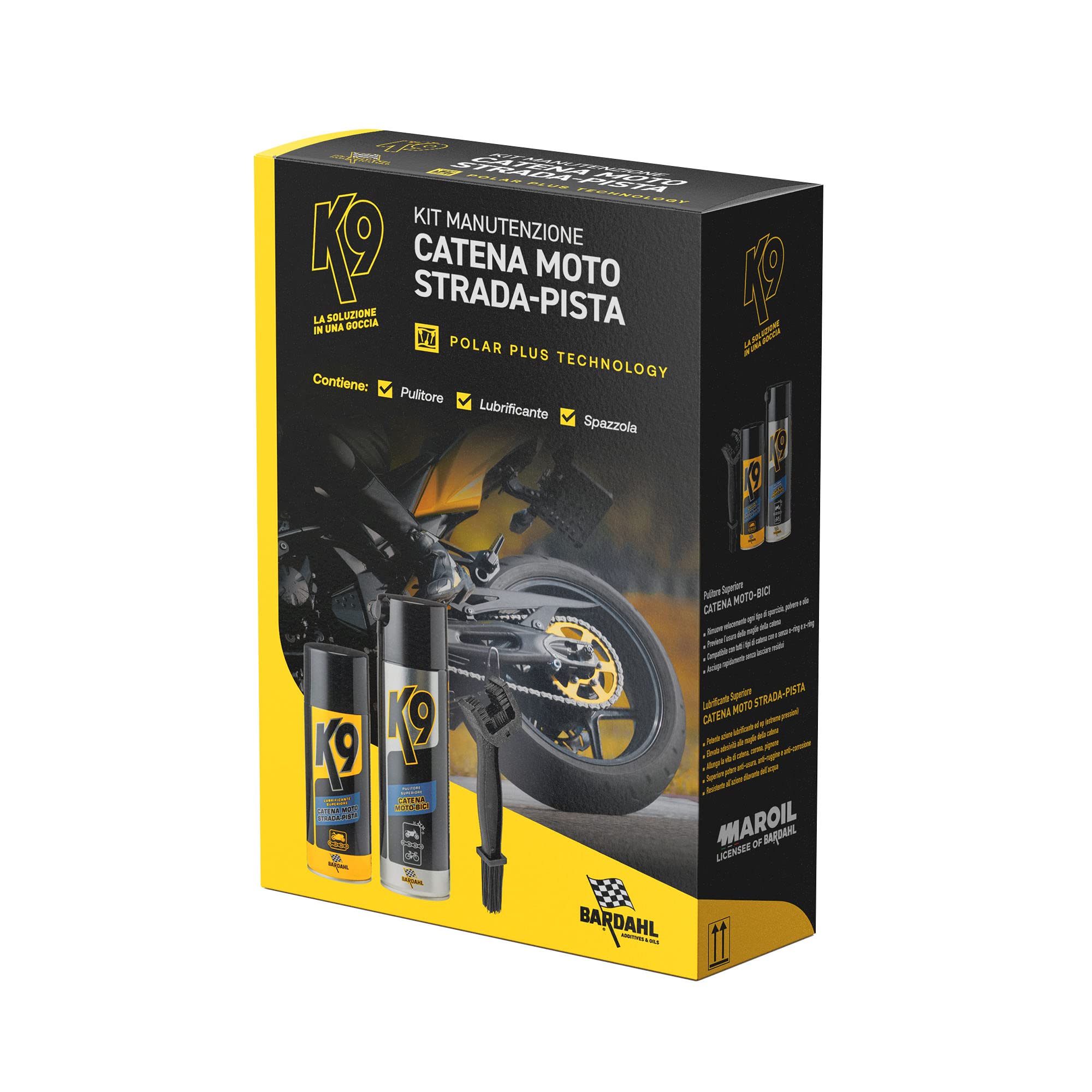 Bardahl - Kit Manutenzione Catene, Kit Speciale per Catena Moto da Strada-Pista, Anti-Usura e Ruggine, Allunga Vita Catena, Corona e Pignone, Resistenza Acqua, Spazzola Pulisci Catena