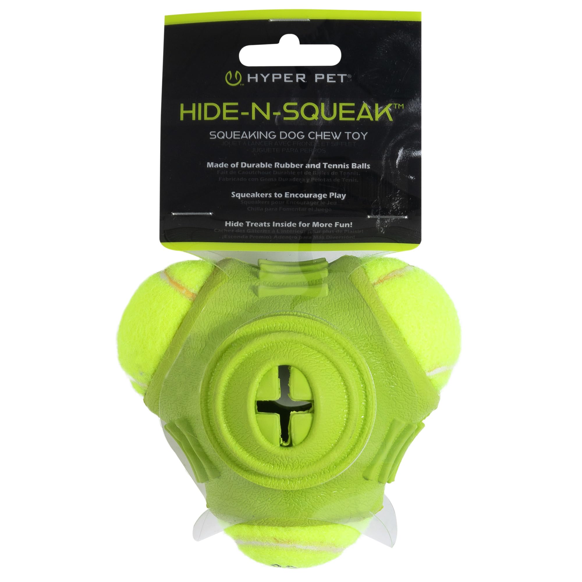 Hyper Pet Hide-N-Squeak Triad Dog Toy Rubber Triad and Tennis Ball Fetch Chew Toy for Dogs Interactive Treat Toy