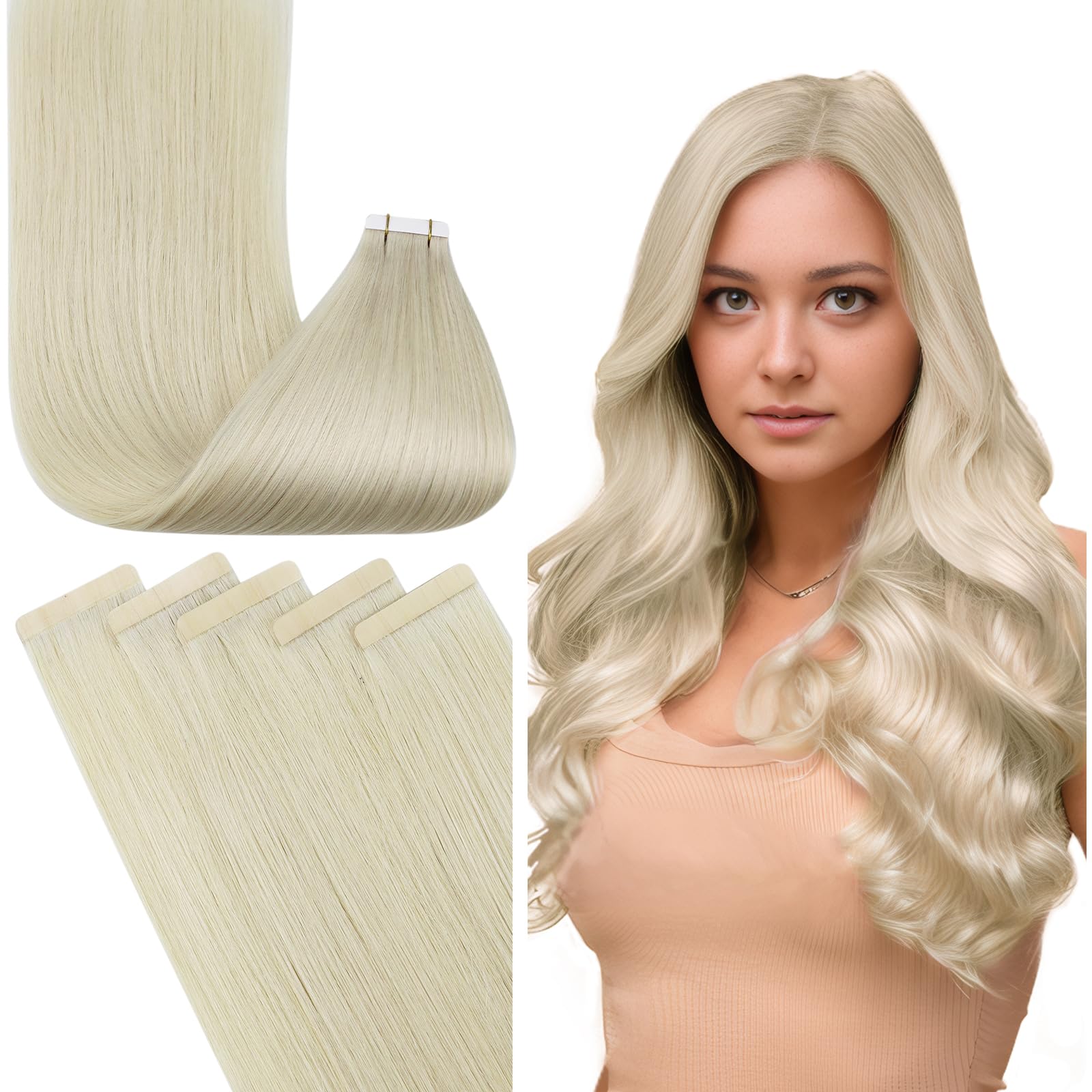 Fshine Adesive Extension Capelli Biondo Bianco Extension Capelli Veri Biadesive 50g 40CM 20Pcs Extension Remy Biadesivo Capelli Invisibili Tape in Extension Capelli Brasiliani #1000