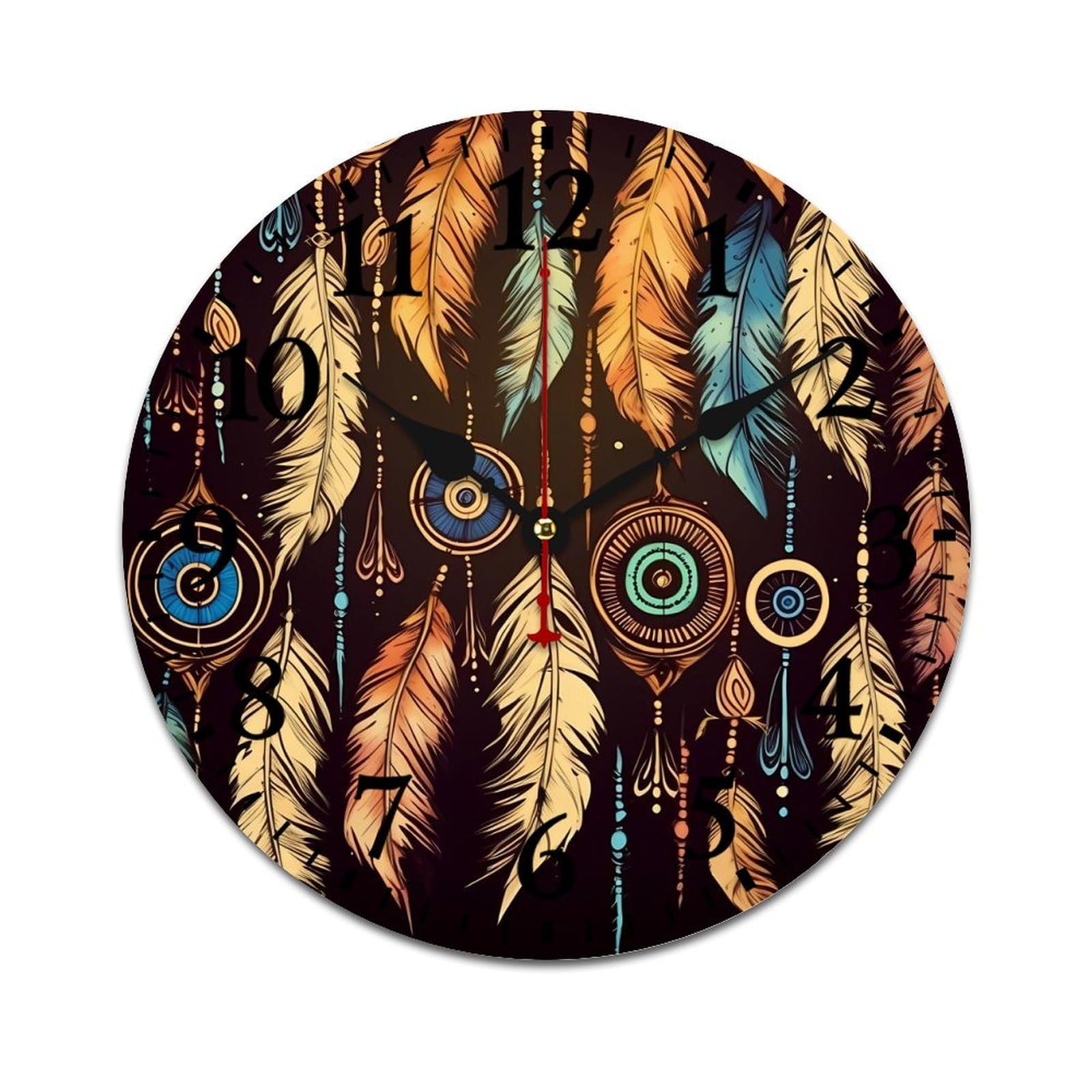 NTVOWPZO 10 Inch Wall Clock Wooden Vintage Ethnic Tribal Feather Battery Operated Wall Clocks Silent Non-Ticking Square Wall Clock for Living Room Kitchen Home Office Wall Decorative Clocks