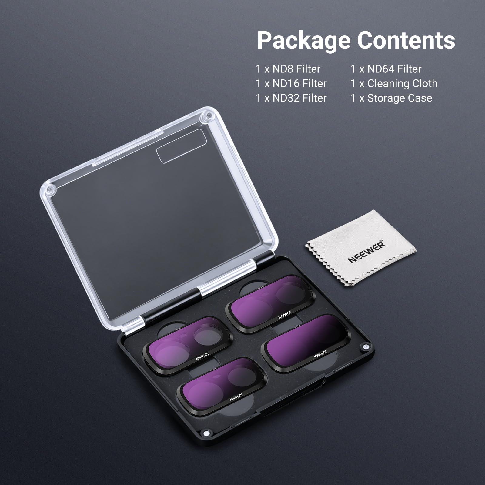 NEEWER Zestaw filtrów ND tylko kompatybilny z Insta360 Ultra Księżyc, ND8+ND16+ND32+ND64, HD Filtry o neutralnej gęstości do obiektywu kamery akcji Gimbal, zestaw akcesoriów fotograficznych, FL-L01