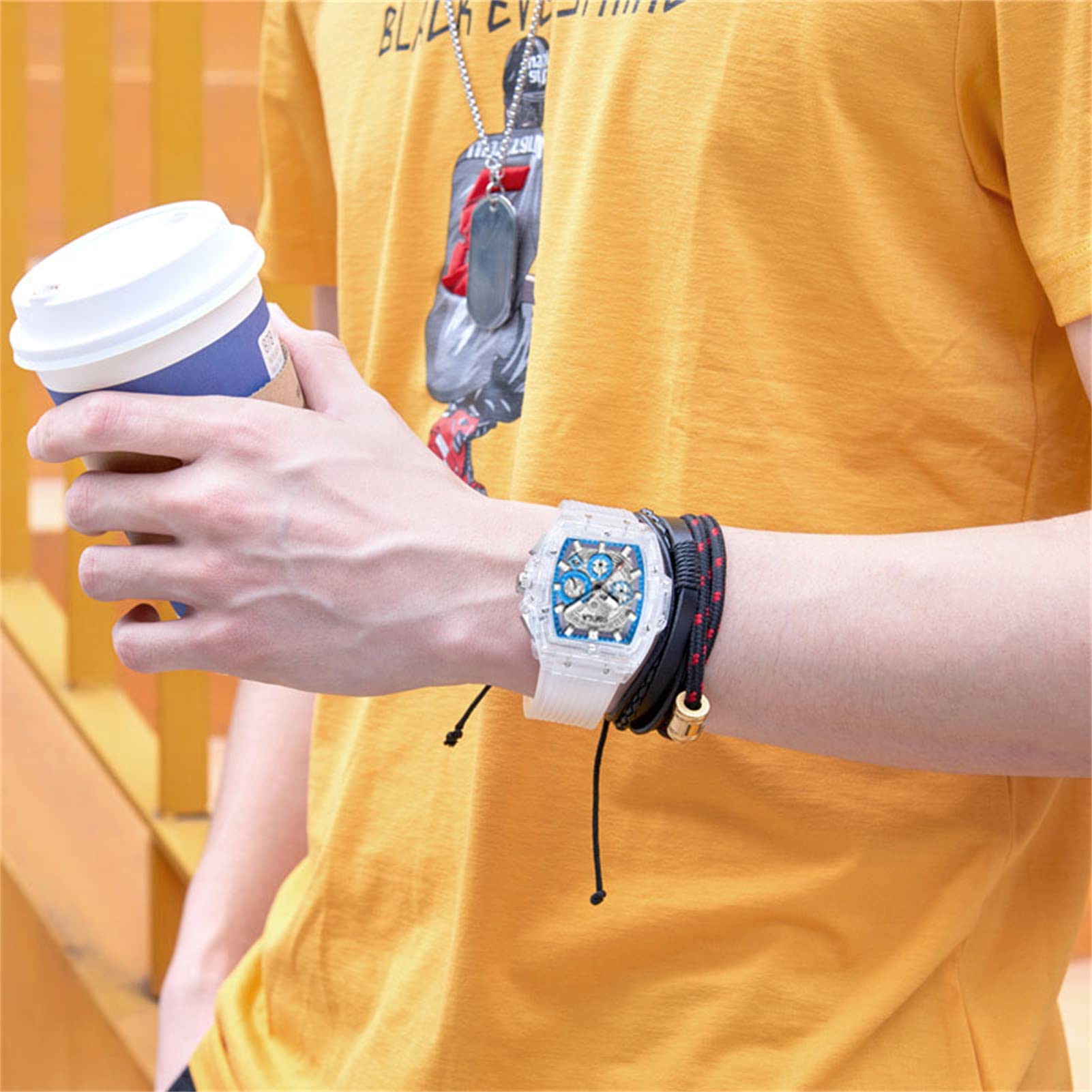 Relojes de cuarzo para hombre, cronógrafo analógico, esqueleto, rectángulo, esfera grande, reloj de moda para hombre, con correa de silicona, casual de negocios, Todo azul.