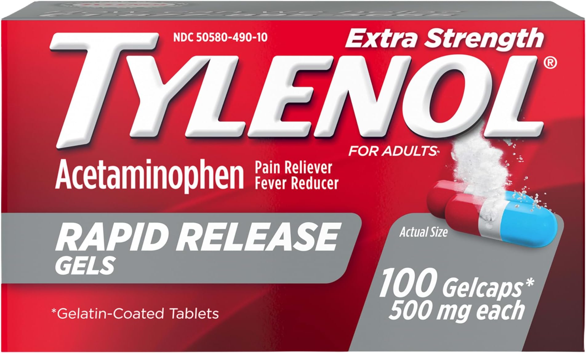 Tylenol Extra Strength Acetaminophen Rapid Release Gels, Fast, Strong Pain Relief, Fever Reducer, 500 mg Gelcaps with LaserโDrilled Holes for Fast Release, OTC Medicine, 100 Count