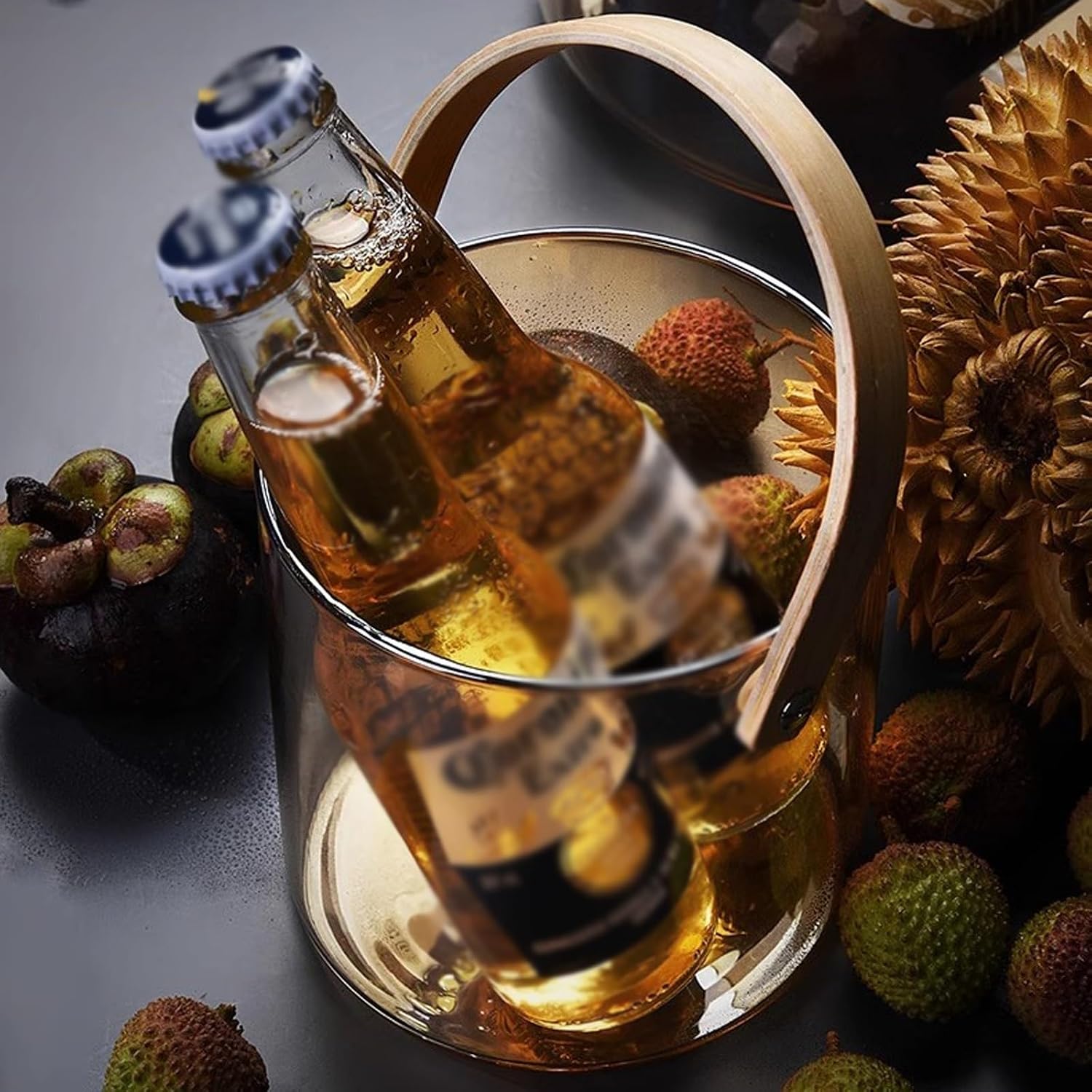 Ice Bucket Transparent Glass Ice Bucket, Small Ice Cube Container Champagne Beer Wine Chiller with Bamboo Handle for Freezer Cocktail Bar Party Ice Buckets For Parties