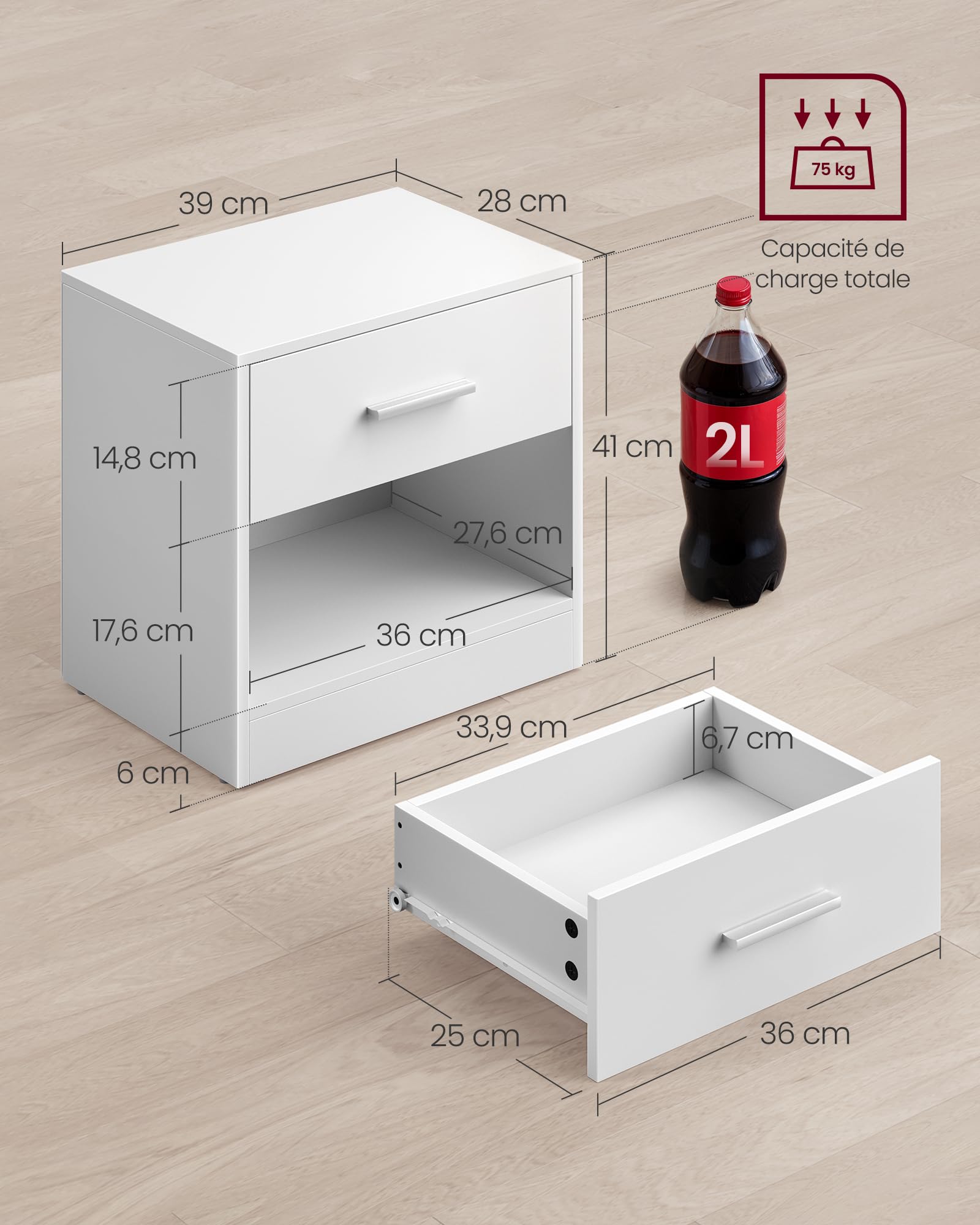 VASAGLE Custos Collection - Table de Nuit, Lot de 2, avec Tiroir, Poignée, Compartiment Ouvert, Table d Appoint, pour Chambre, Salon, Blanc Classique LET819T14