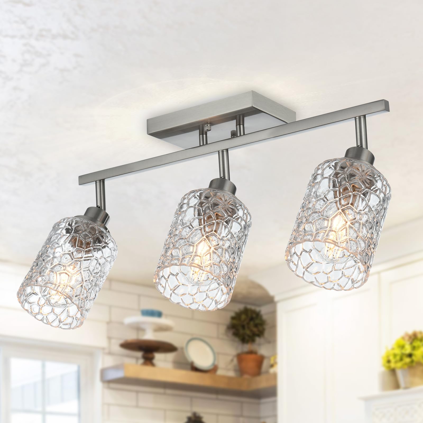 Brushed Nickel 3 Light Semi Flush Mount Ceiling Light with Rotatable Directional Head, Clear Glass Shade, Bathroom Lighting Vanity Light, Modern Spotlight Track Lighting Kit