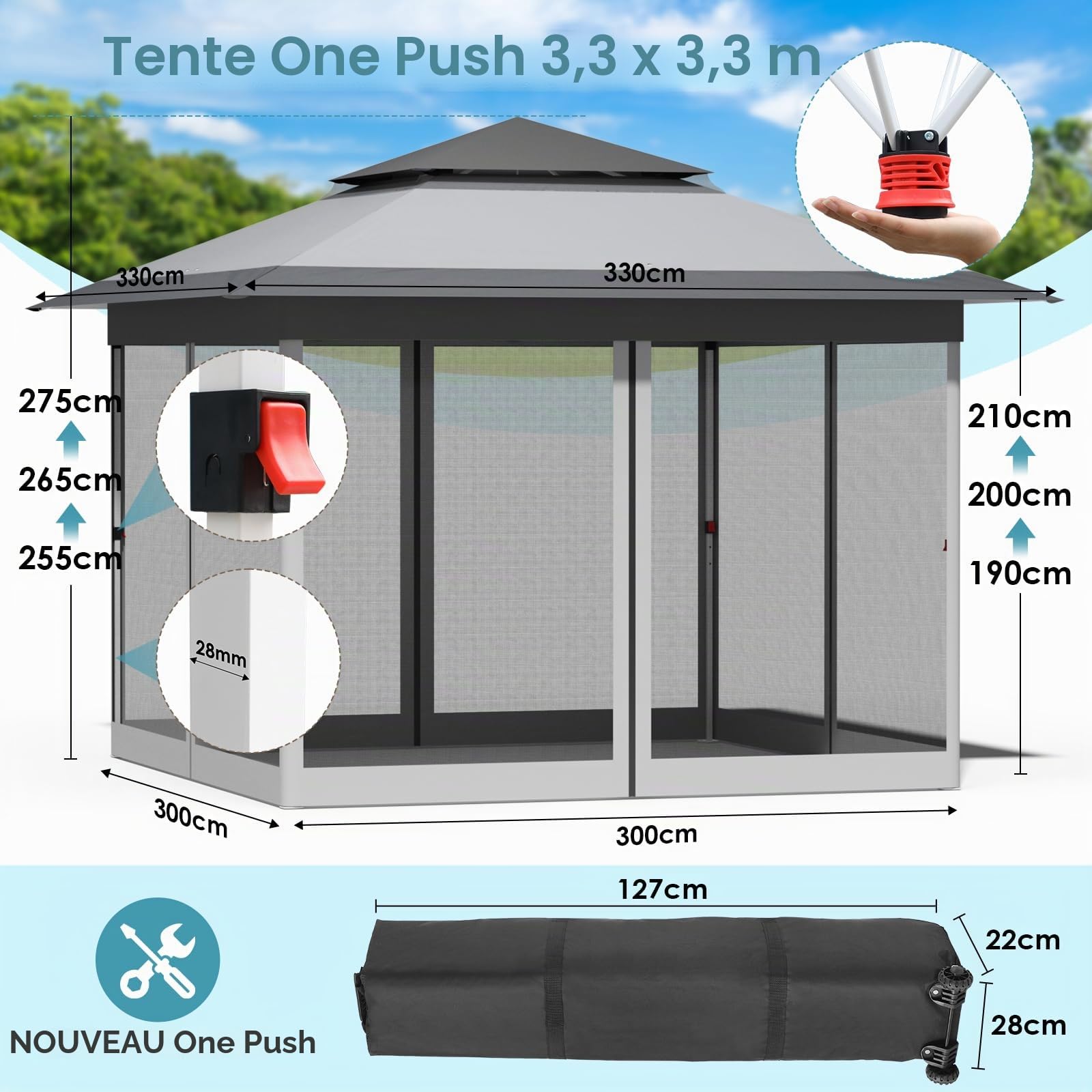 Tonnelle Pliante 3,3 x 3,3 imperméable,avec 4 Toiles Moustiquaires, One Push Tonnelle de Jardin,Tente de fête à Double Toit, 4 PCS Sacs de Sable, pour terrasse/marché/Camping/Plage, Gris Blanc