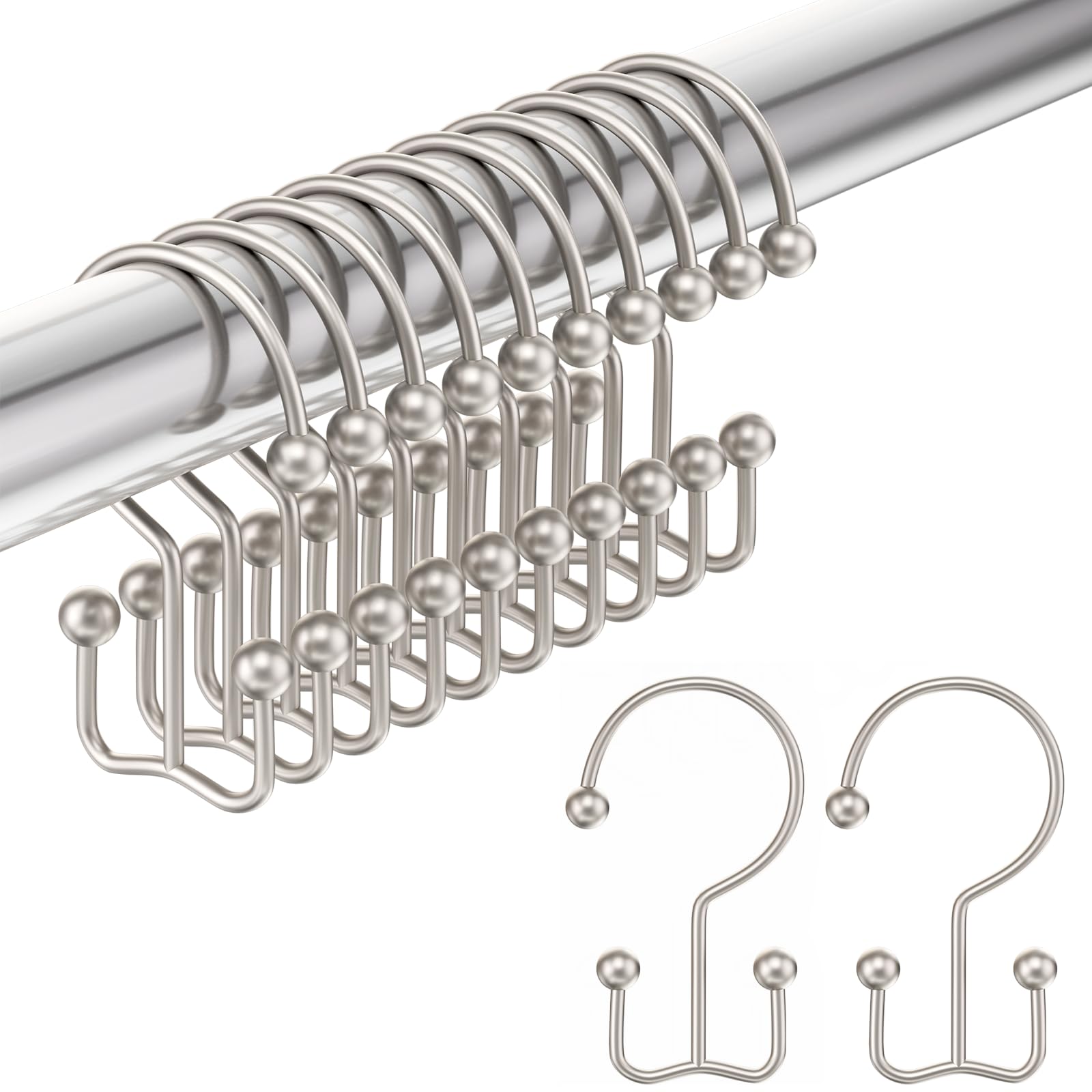 Amazer Shower Curtain Hooks Matte Nickel Double Shower Curtain Hooks, Shower Curtain Rings Sturdy Stainless Steel Shower Hooks for Bathroom Shower Rod, 12Pcs Shower Curtain Hangers