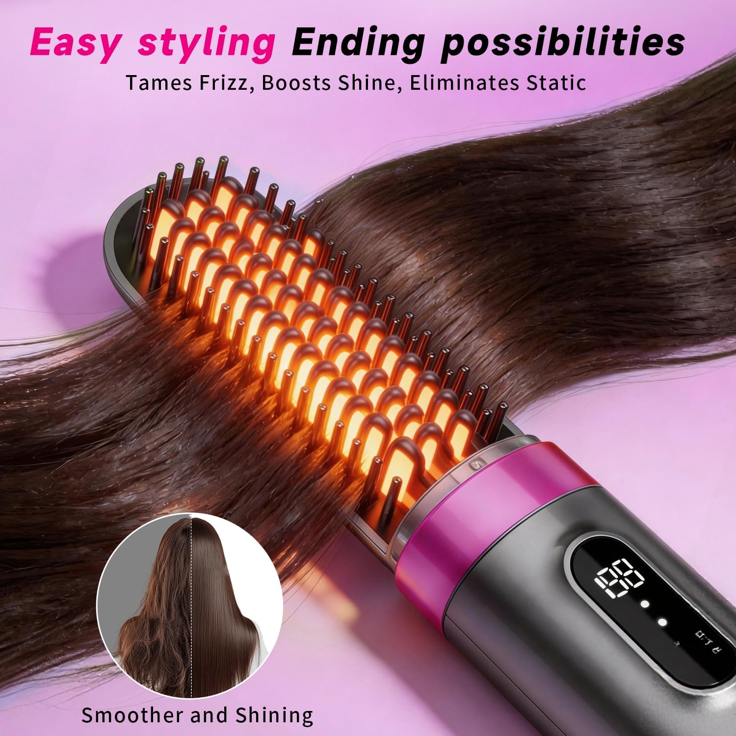 Go Brush Pro, Cordless Hair Straightener Brush, 300M Negative Ionic Anti-Frizz,Portable Mini Hair Straightening Brush with 3 Temperature Settings & LED Display, USB Rechargeable Fas image 4