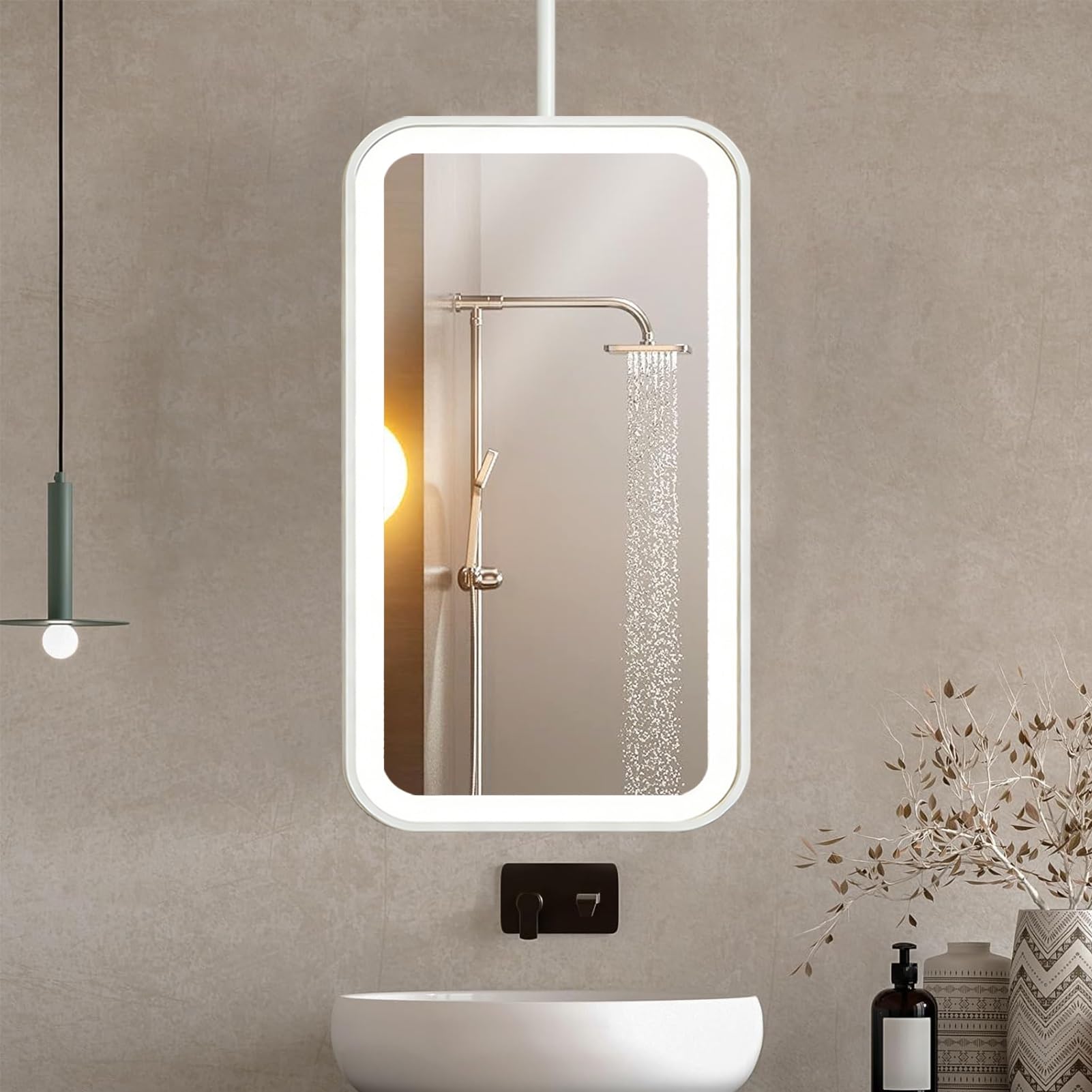 FGXHHS Ceiling Mounted Mirror｜LED Rectangle Bathroom Vanity Mirror for Wall Shaving Mirror｜White Metal Framed Decorative Hanging Rod Farmhouse，Restroom，Entryway(40cmx70cm)