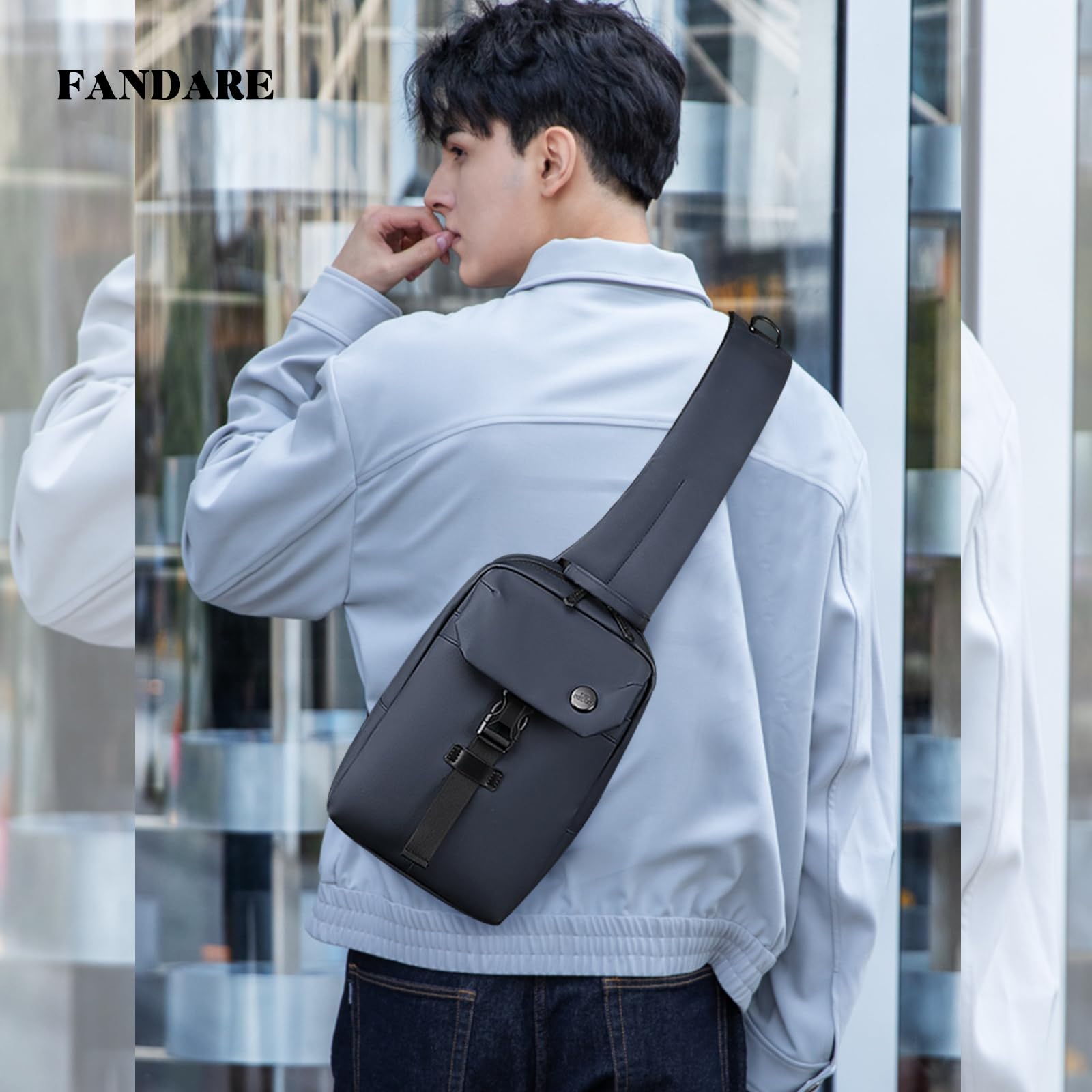 FANDARE Homme Sac de Poitrine Sac Bandouliere Polyvalent Sacoche Imperméable PU Film Sling Shoulder Bag Sac à main Sacs à dos porté travers pour Cyclisme Voyage Sport Sac d'épaule