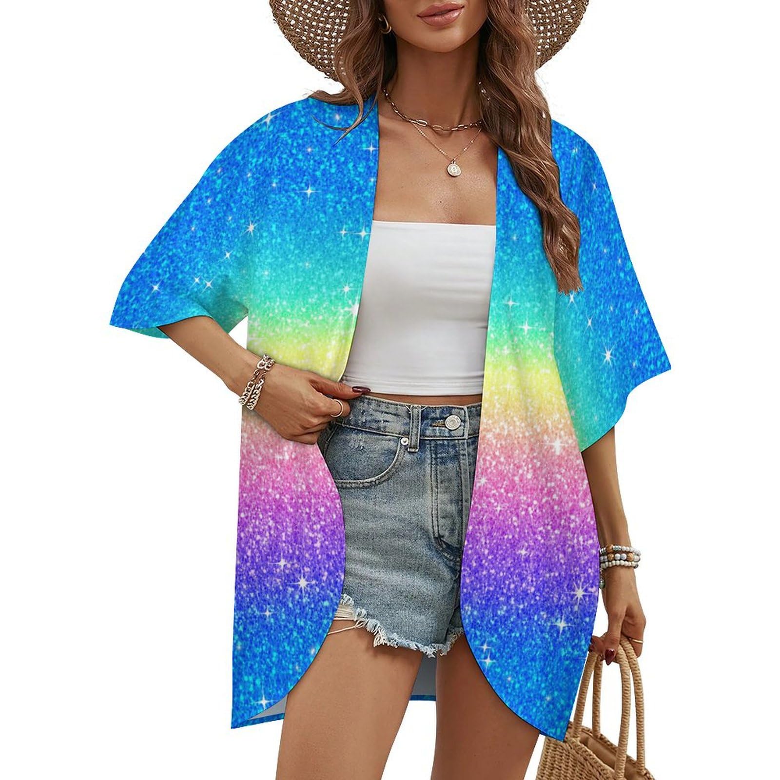 KAOEOSI Rainbow Glitter Sparkle Women's Cardigan Coat Half Sleeve Cover Up Summer Open Front Tops
