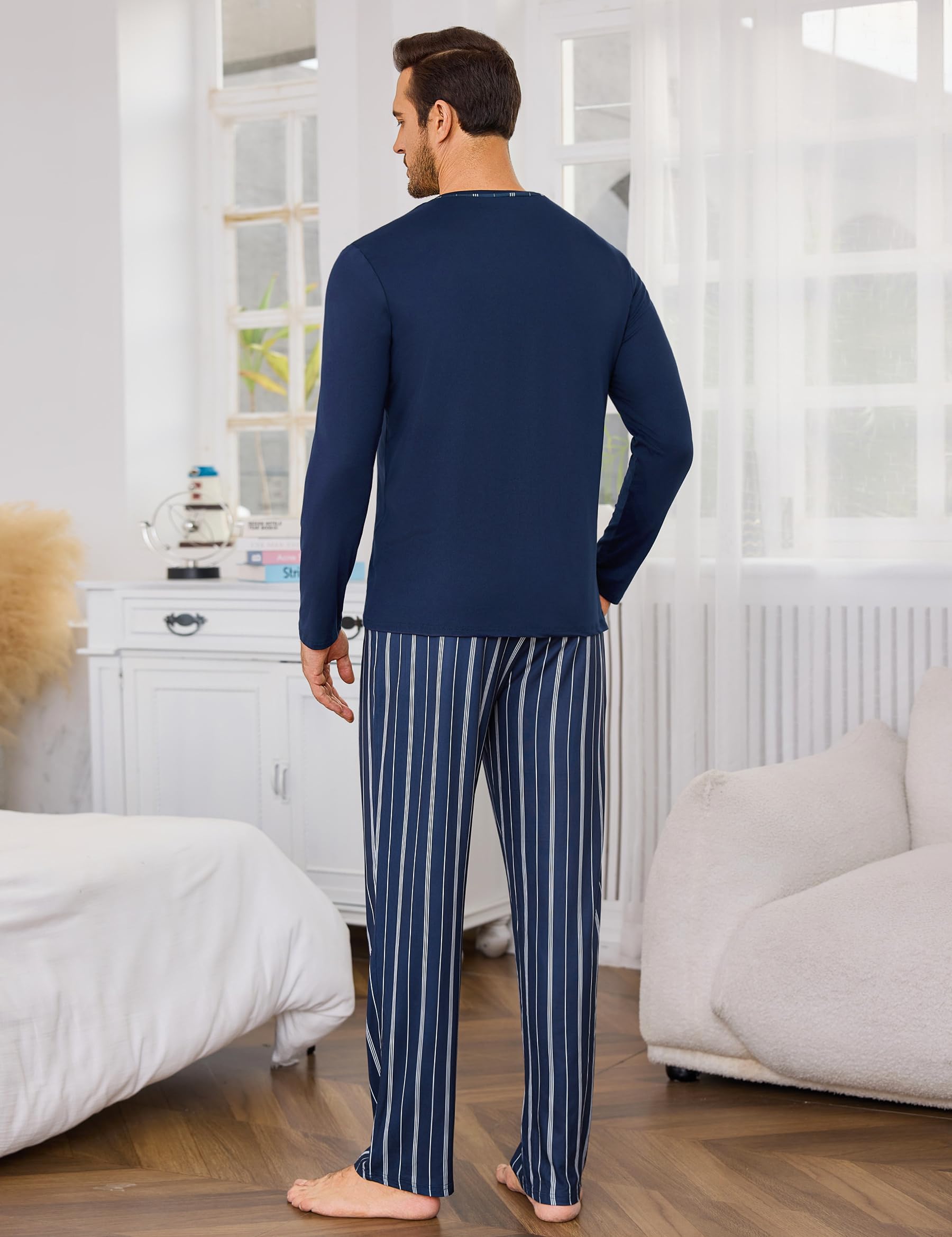 Demegimi Pijamas para Hombre Invierno de Manga Larga Algodón Conjunto de Cuello Redondo Ropa de Dormir 2 Pieza