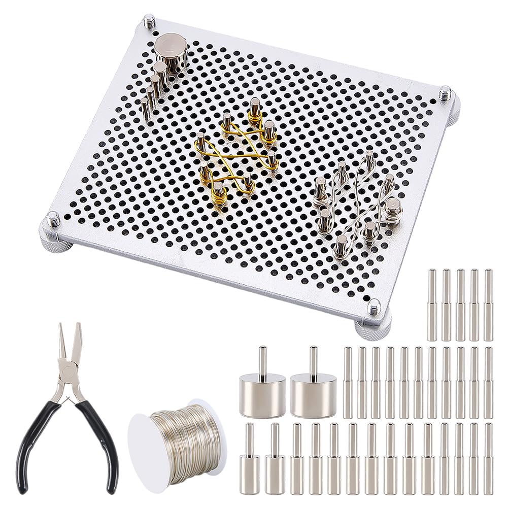 BENECREAT Dispositivo per Piegare Fili di Alluminio con Pinze per Anelli di Filo, Filo di Rame Argentato e 32 Perno in Metallo per La Creazione di Braccialetti, Orecchini e Gioielli Fai da Te