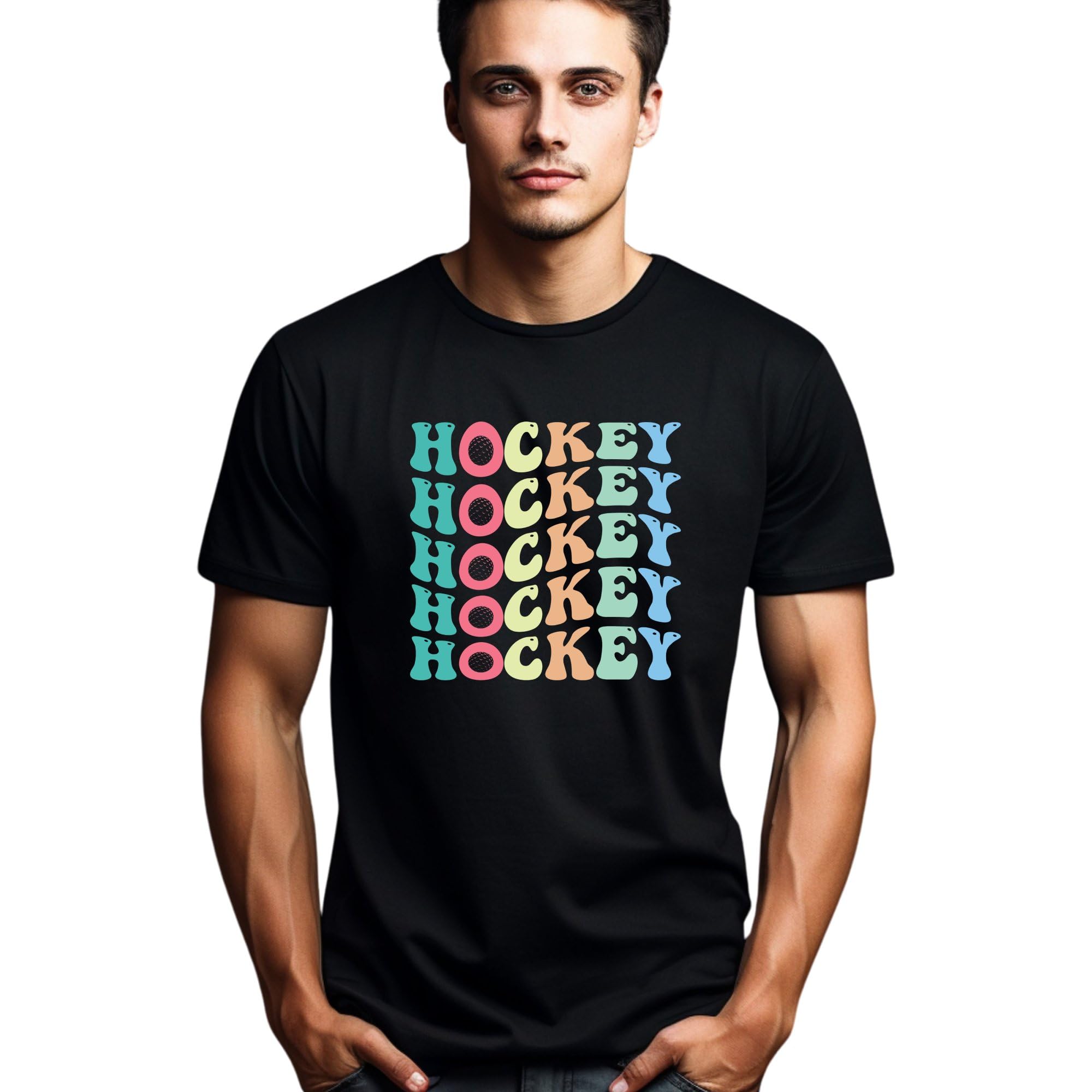Seek Buy LoveColorful Hockey Text and Puck Graphic Tee, Sports Fan T-Shirt, Casual Athletic Apparel, Unisex