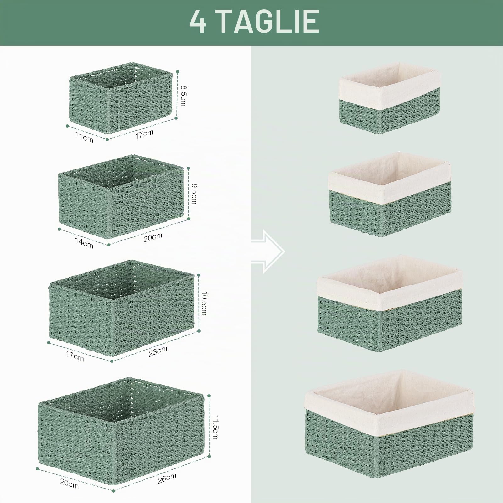 Cestini Portaoggetti, Set di 4 Cestino porta Giocattoli Cestino da Bagno Cesto Vimini Piccolo Bambini Cesto in Corda di Carta, per Camerette, Bagno, Cassetti, Cucine, Soggiorno (Verde)