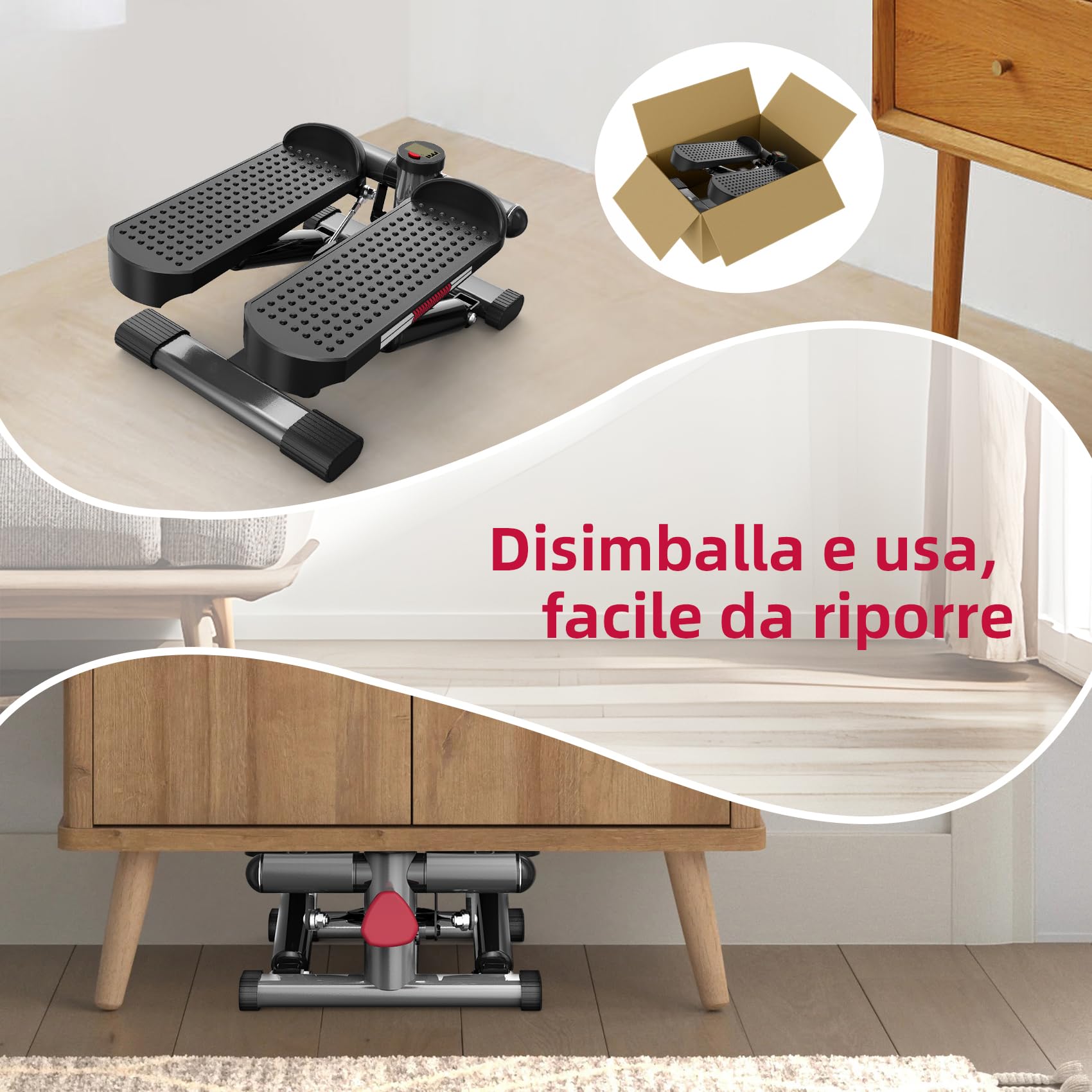 ST1 Mini stepper per casa, 2 in 1 Up-Down Swing Stepper con Power Ropes, display LCD, resistenza regolabile, allenamento gambe e braccia, silenzioso e compatto, carico massimo 100 kg
