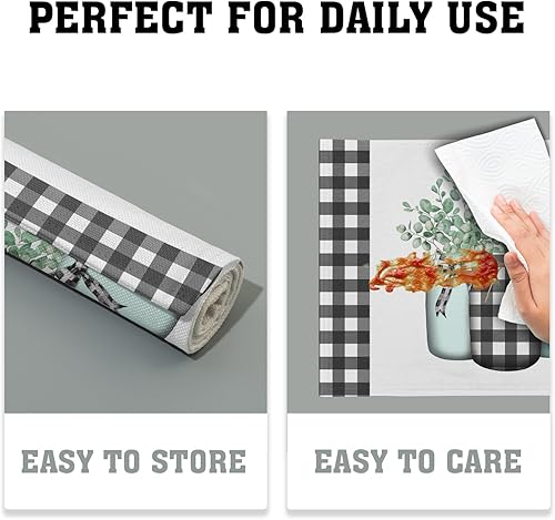 Miniatura 6 de Juego de 4 manteles individuales de hojas de primavera de 12 x 18 pulgadas, diseño de hojas de eucalipto, color negro y blanco, cuadriculado, para