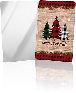 DOME-SPACE Compact Card Mirror, Unbreakable Stainless Steel Makeup Mirror Buffalo Check Pine Tree Merry Christmas Rustic Wood Rectangular Handheld Small Travel Mirror for Camping, Travelling