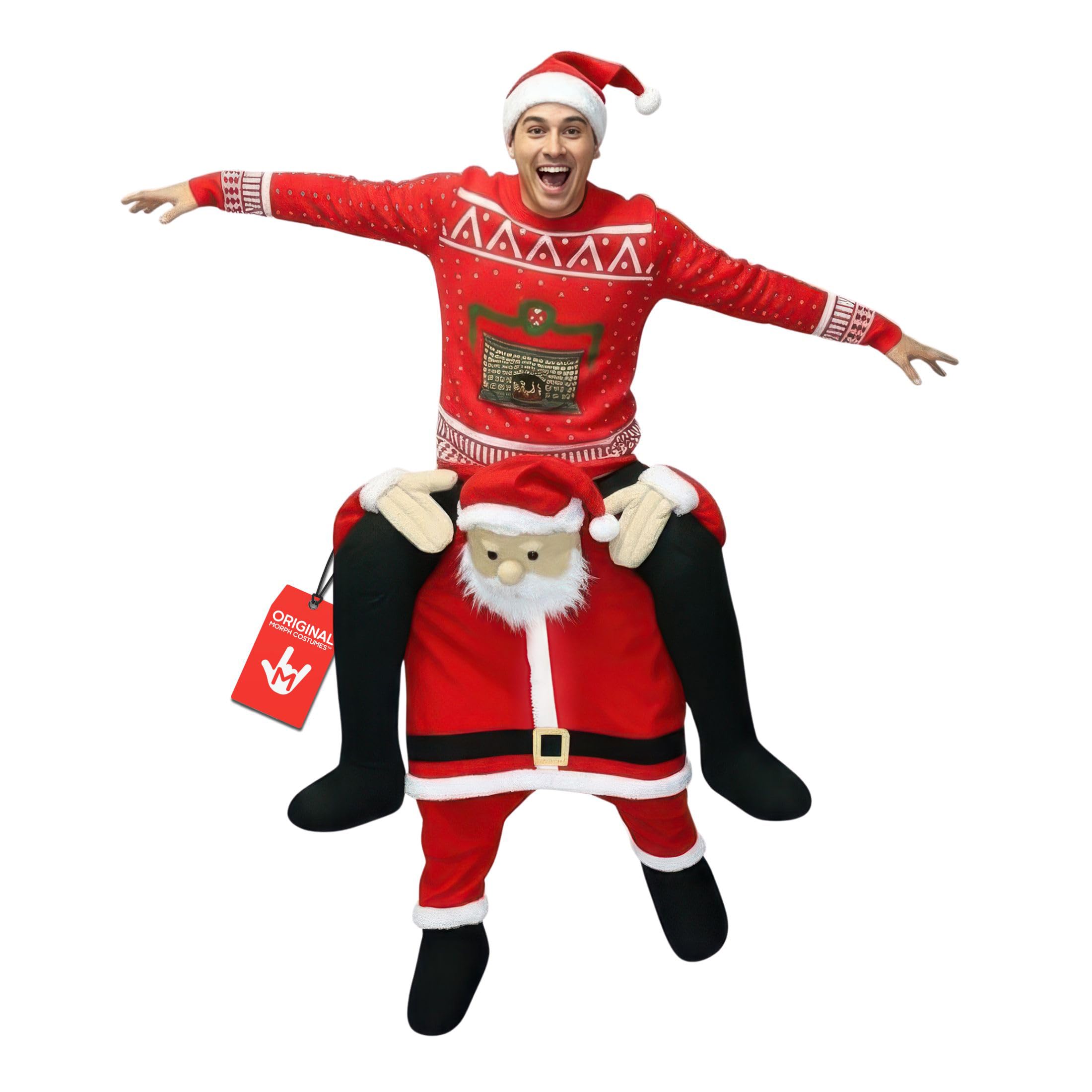 Morph Unisex Piggy Back Santa Claus Piggyback Costume - with Stuff Your Own Legs - One Size - Red, White, Black