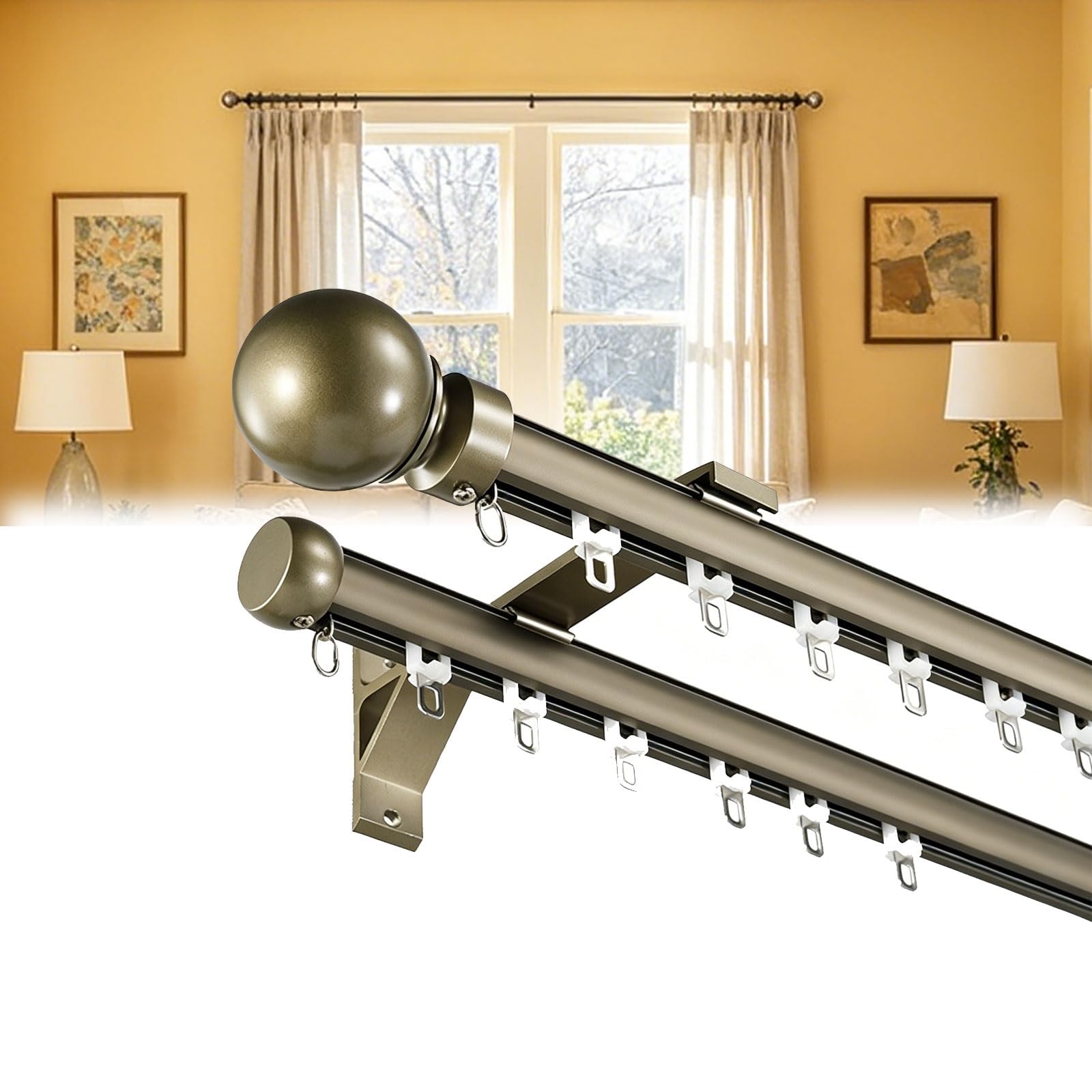 Jixcjhj Champagne Double Curtain Rods Tracks For Windows Heavy Duty Slilent Rod Rails With Aluminum Alloy Brackets Easy Install For Bedroom/Living Room/Window/Hotel(,2.7M/8.9Ft)
