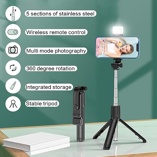 Miniatura 3 de Palo selfie con luz de relleno, trípode extensible para selfie stick con control remoto inalámbrico y soporte para teléfono, selfies grupales,
