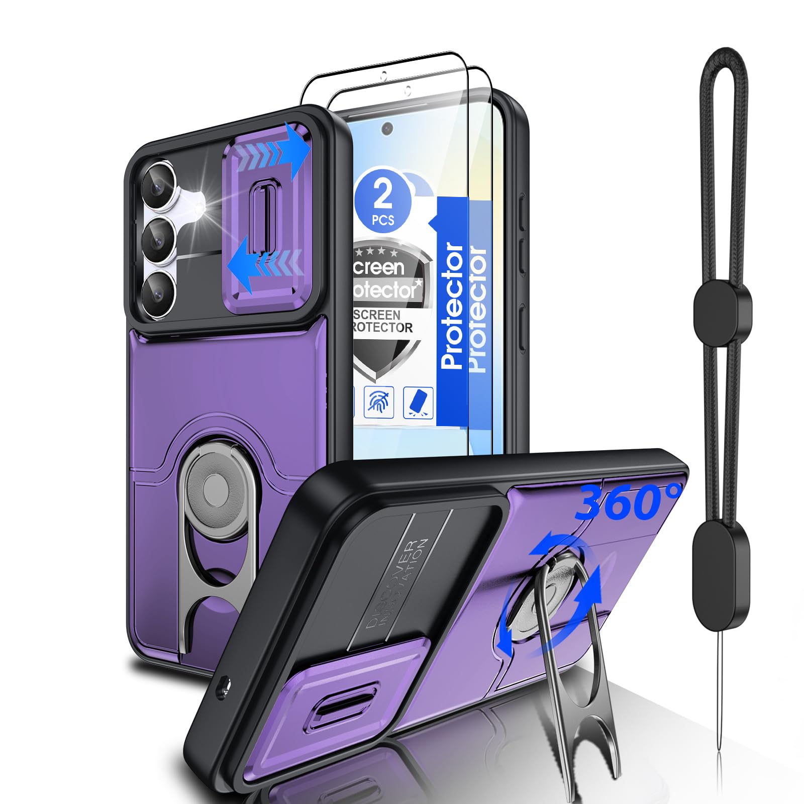 Dizn for Samsung Galaxy S25 FE Case:with Camera Lens Cover,[2 Pcs] Tempered Glass Screen Protector,Strap &amp; 360°Ring Stand,Military-Grade Shockproof Protective 6.5-Inch Samsung S 25 FE,Purple