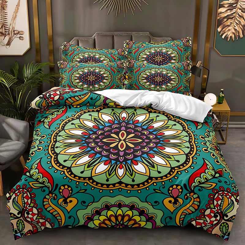 Housse de couette mandala vert King 260x240 en microfibre coton premium