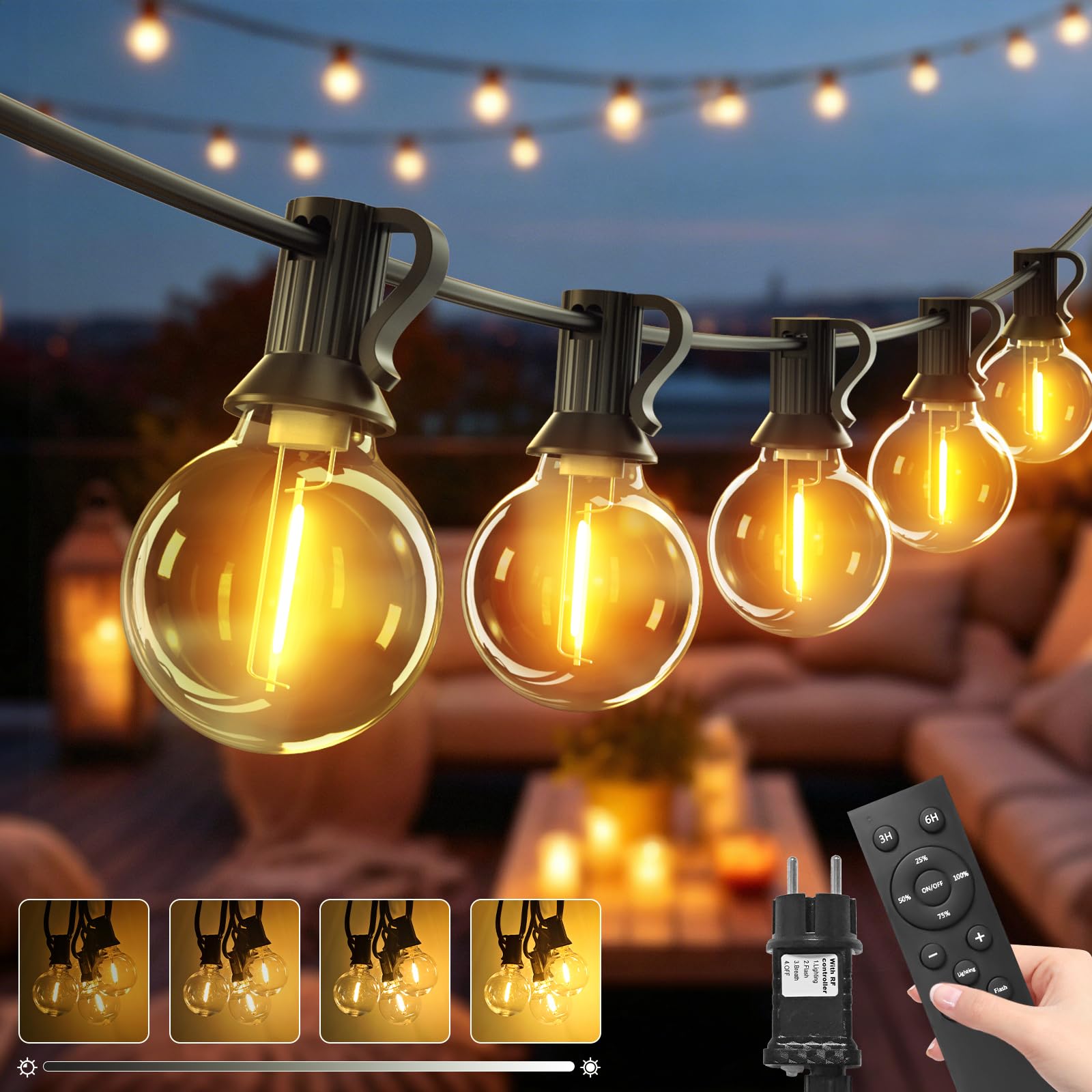 btfarm Lichterkette Außen Dimmbar, LED Outdoor Lichterkette Strom mit Timer, Wetterfest IP44 Wasserdicht Lichterkette Glühbirnen für Garten Terrasse Hochzeiten Party, Warmweiß